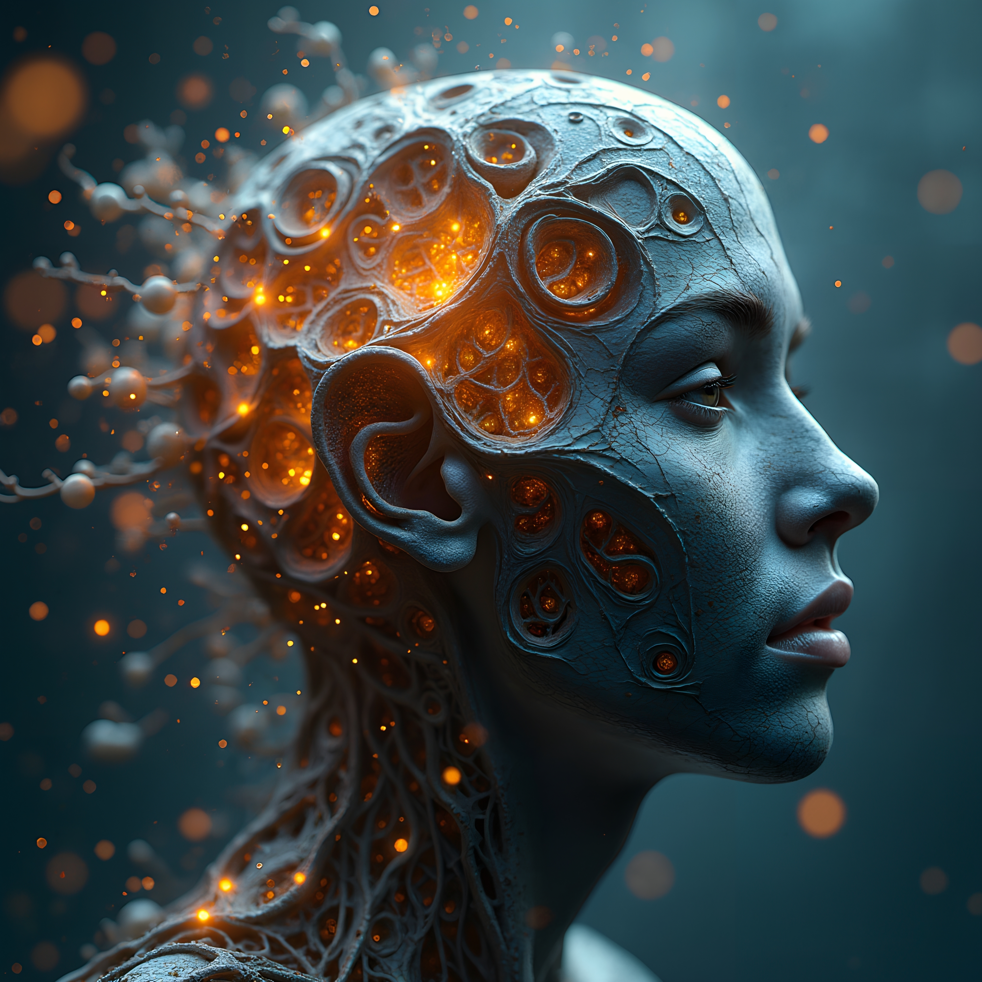 A futuristic human head with glowing, intricate, orange neural patterns on a textured blue surface.