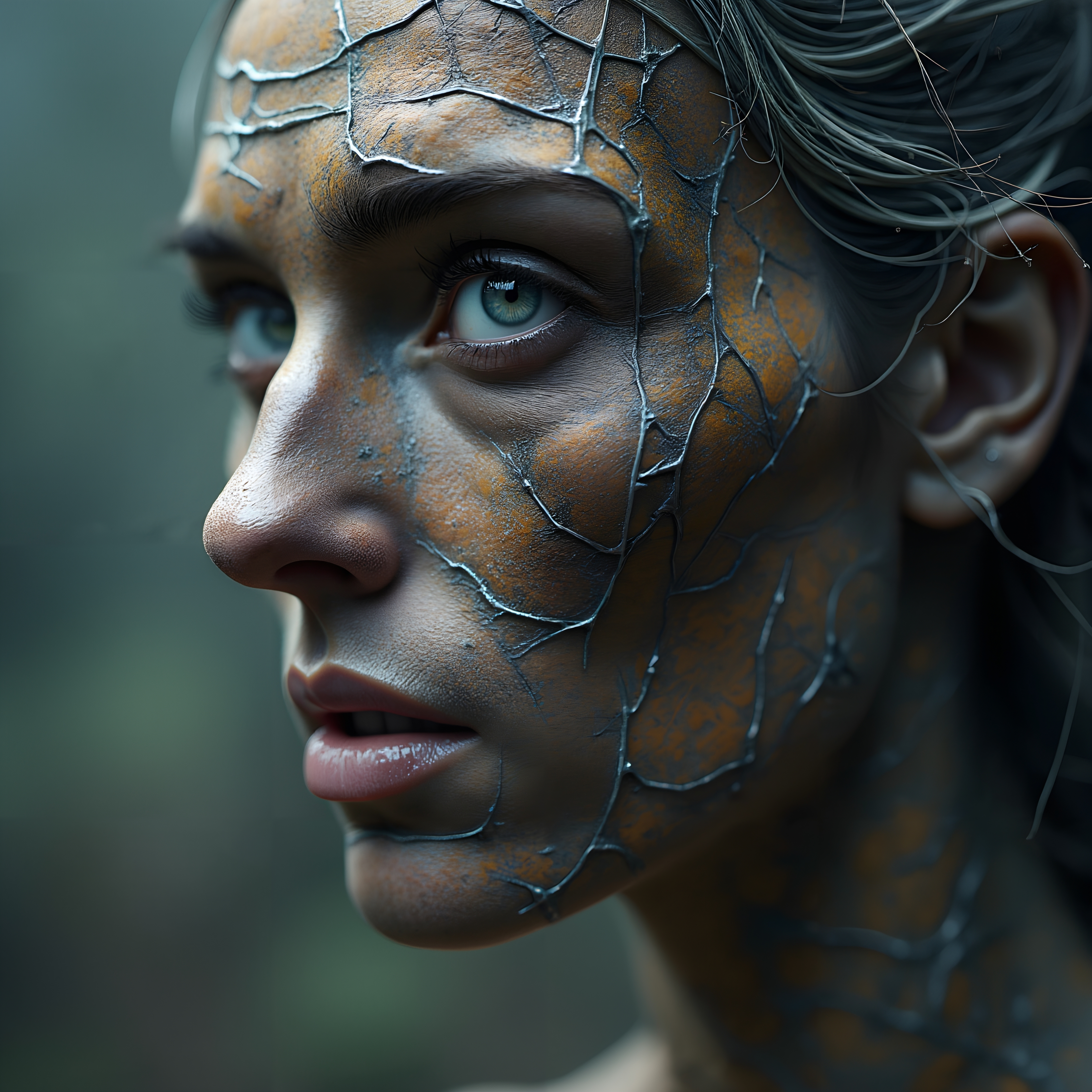A close-up portrait of a woman with cracked, colorful skin and striking blue eyes, depicting an artistic and introspective expression.