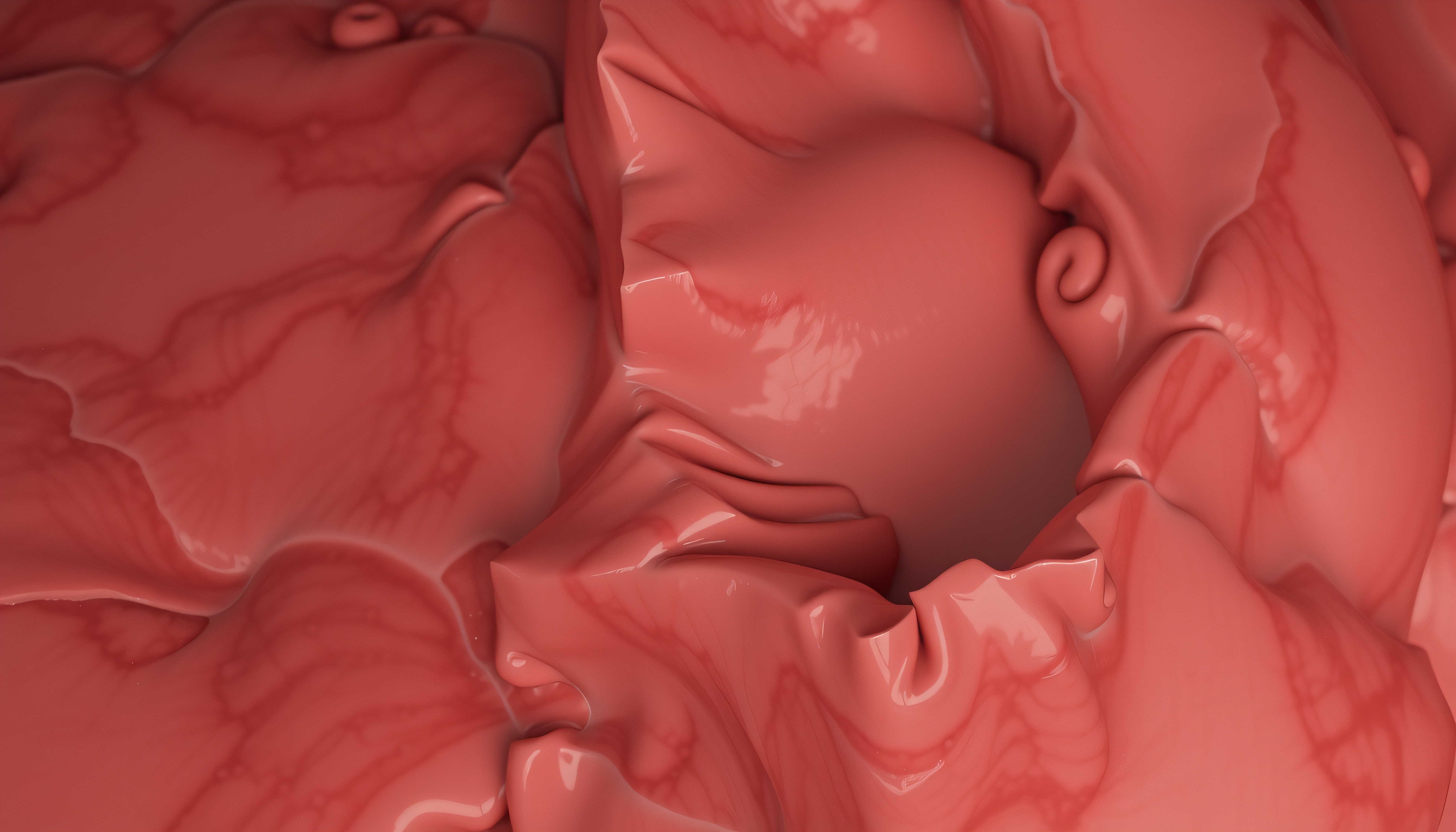 Close-up of abstract red organic texture with glossy, undulating surfaces.