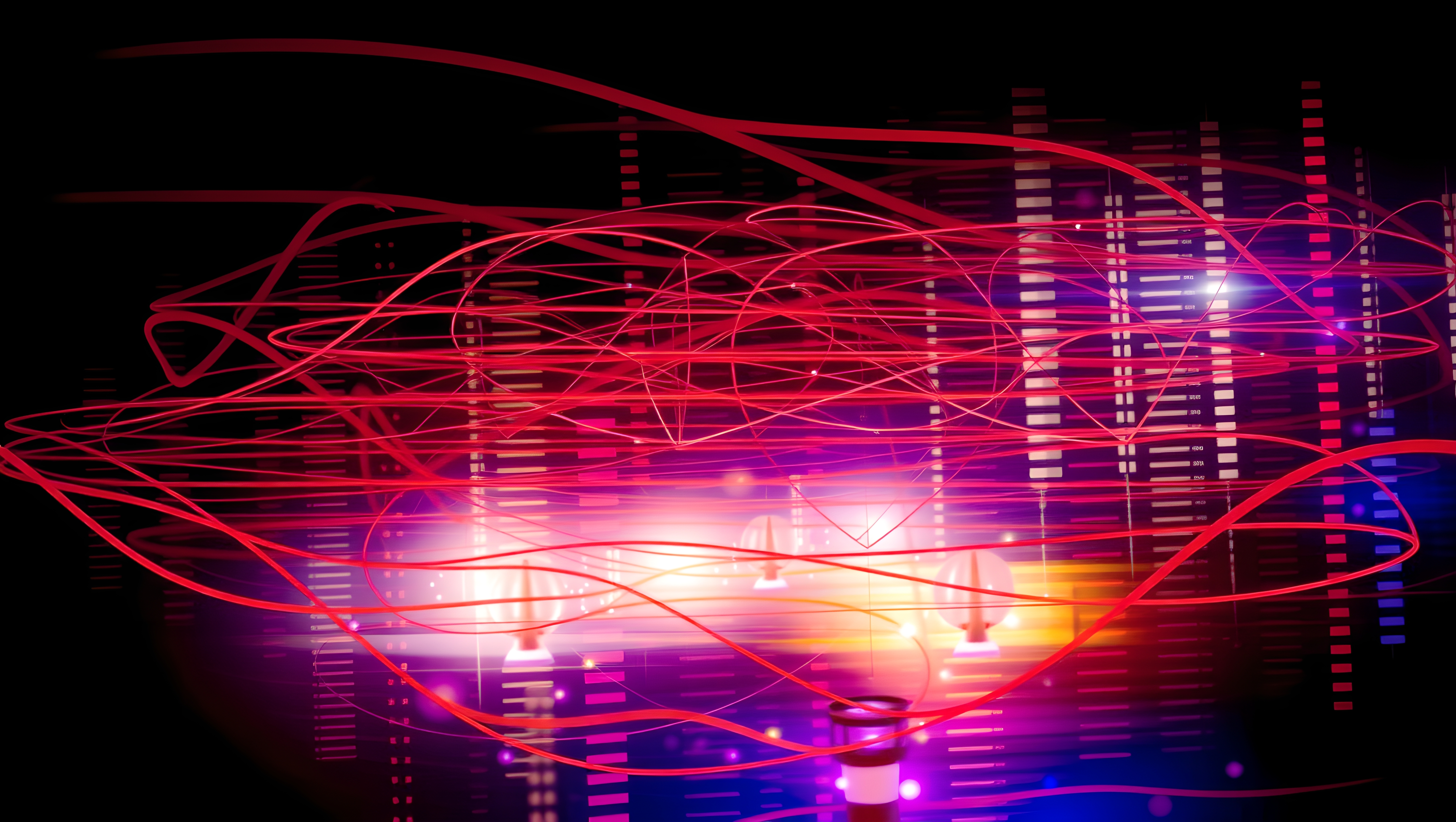 Abstract art with bright red lines and digital patterns creating a dynamic and futuristic scene.