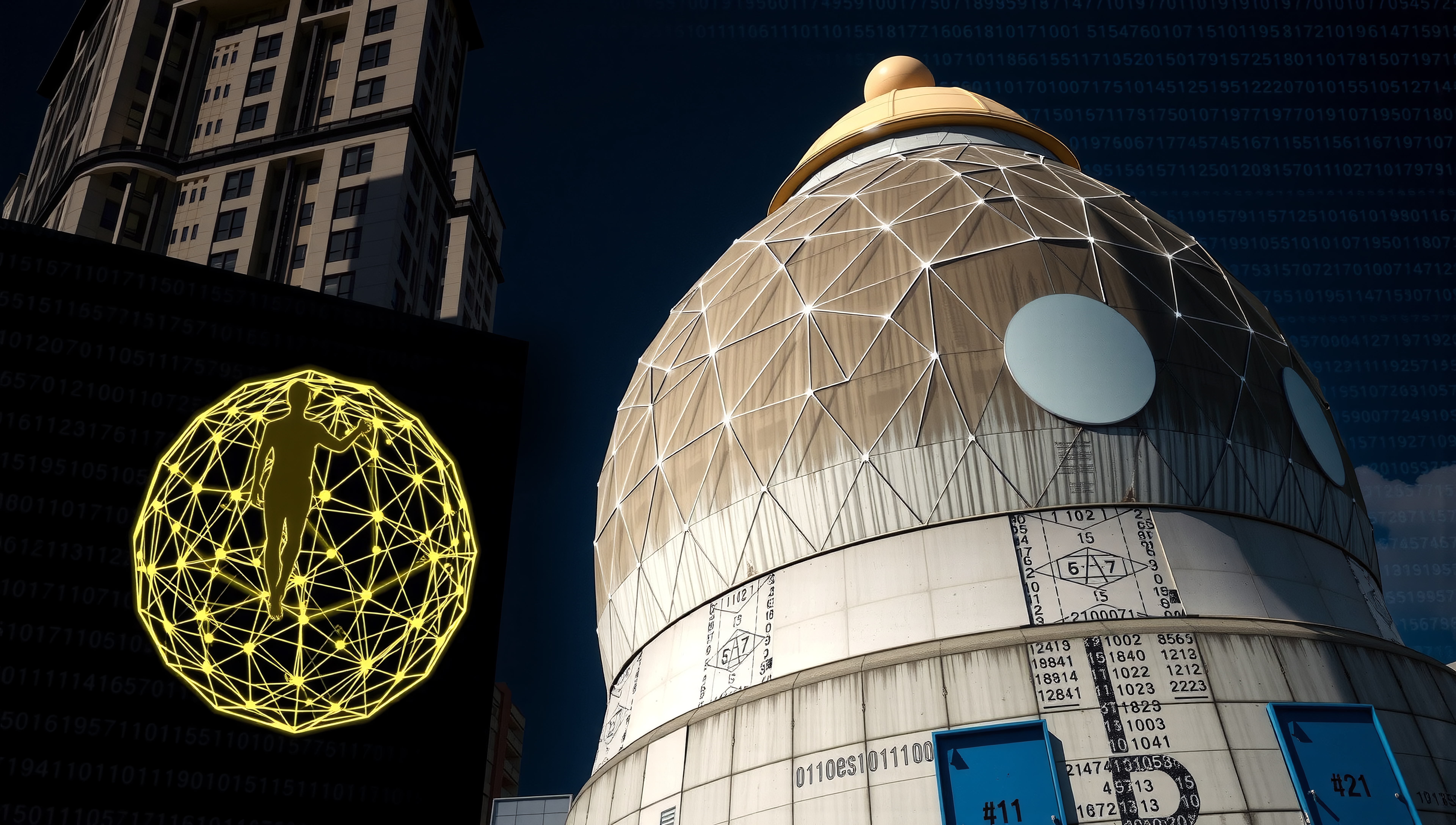 A geometric dome in a cityscape reflects modern technology.