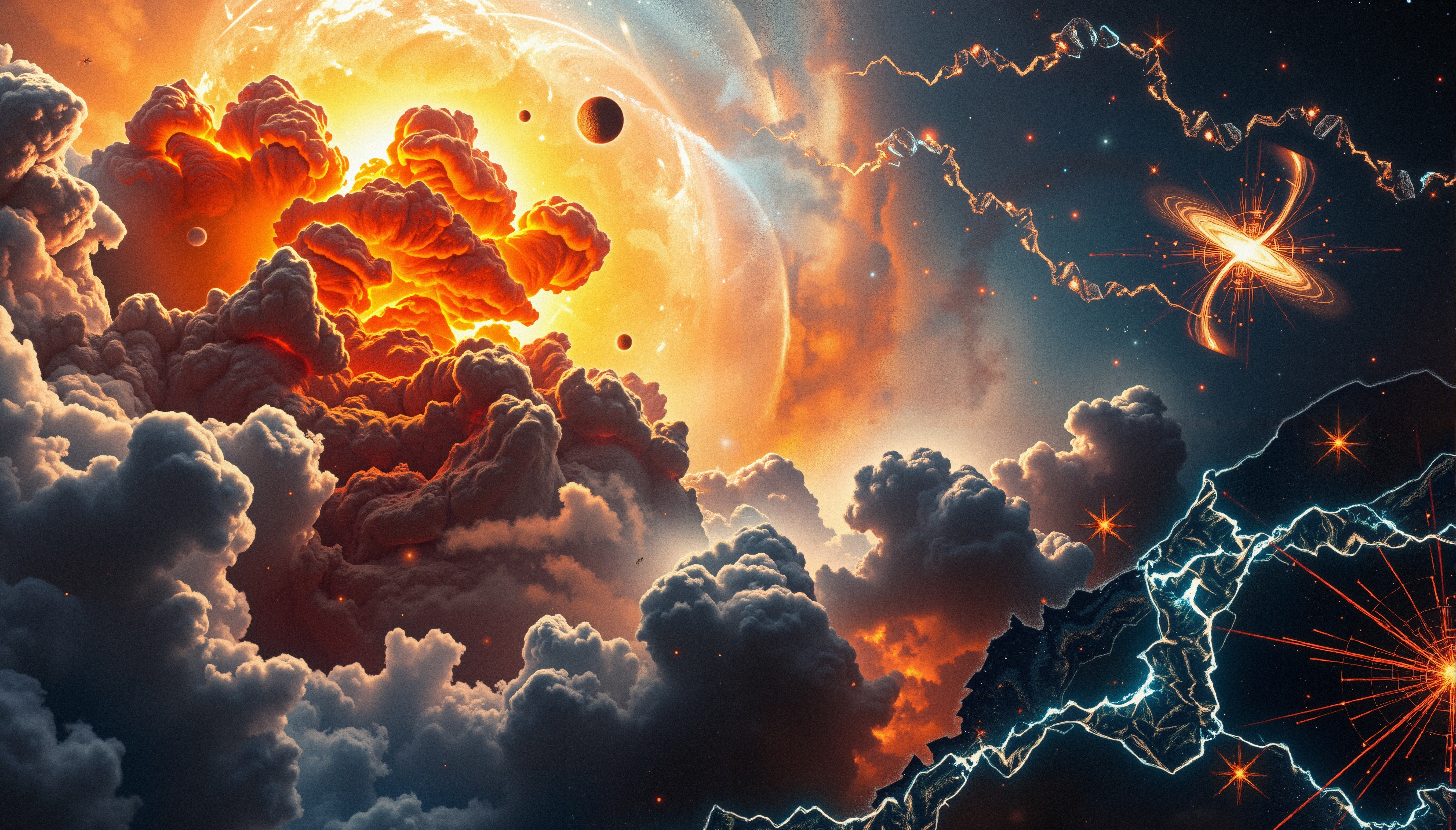 A majestic cosmic scene with fiery clouds and celestial bodies, showcasing vivid colors and energetic forces.