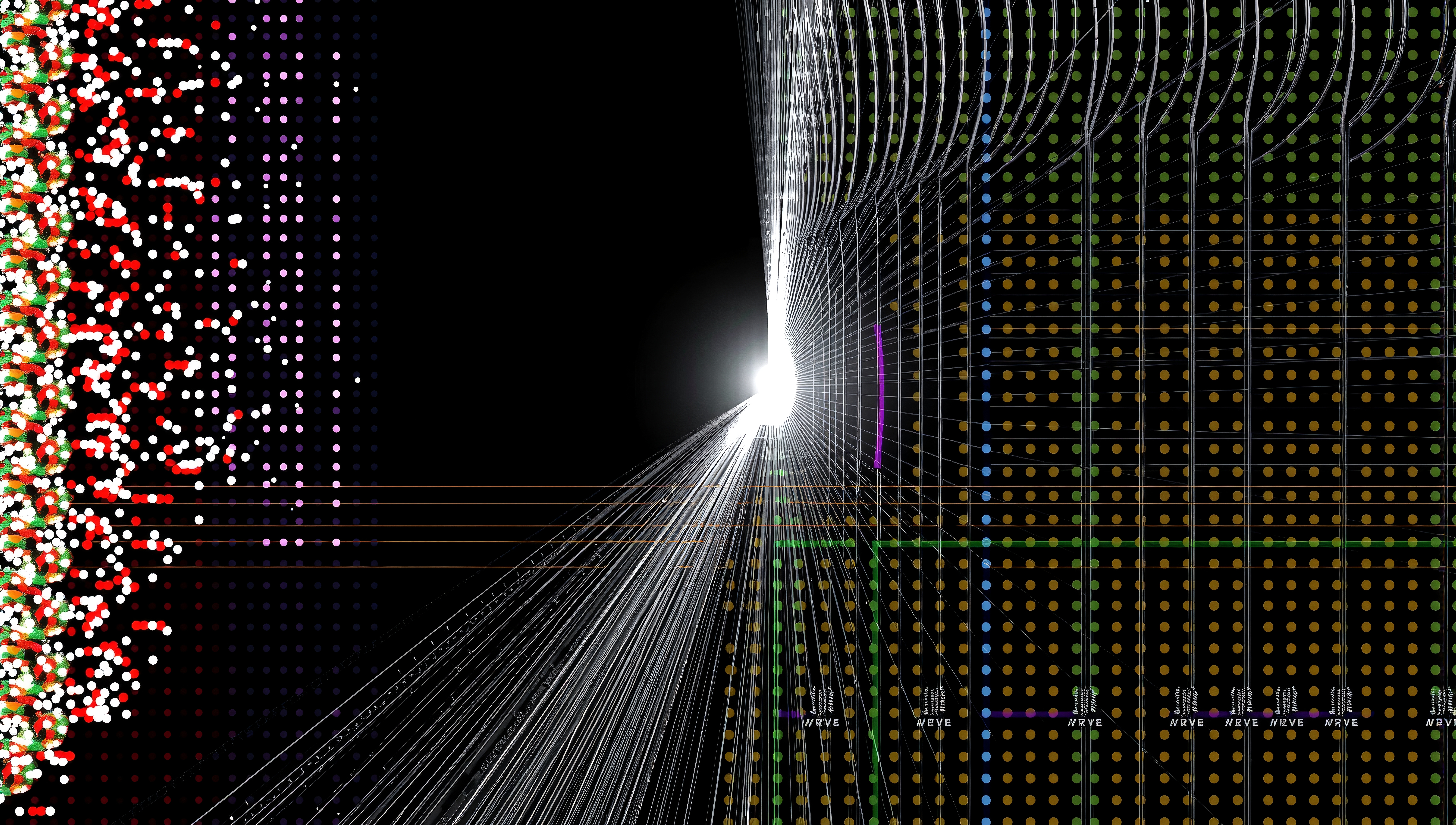 Abstract visualization of intersecting lines and colorful dots forming a complex digital or neural network on a black background.