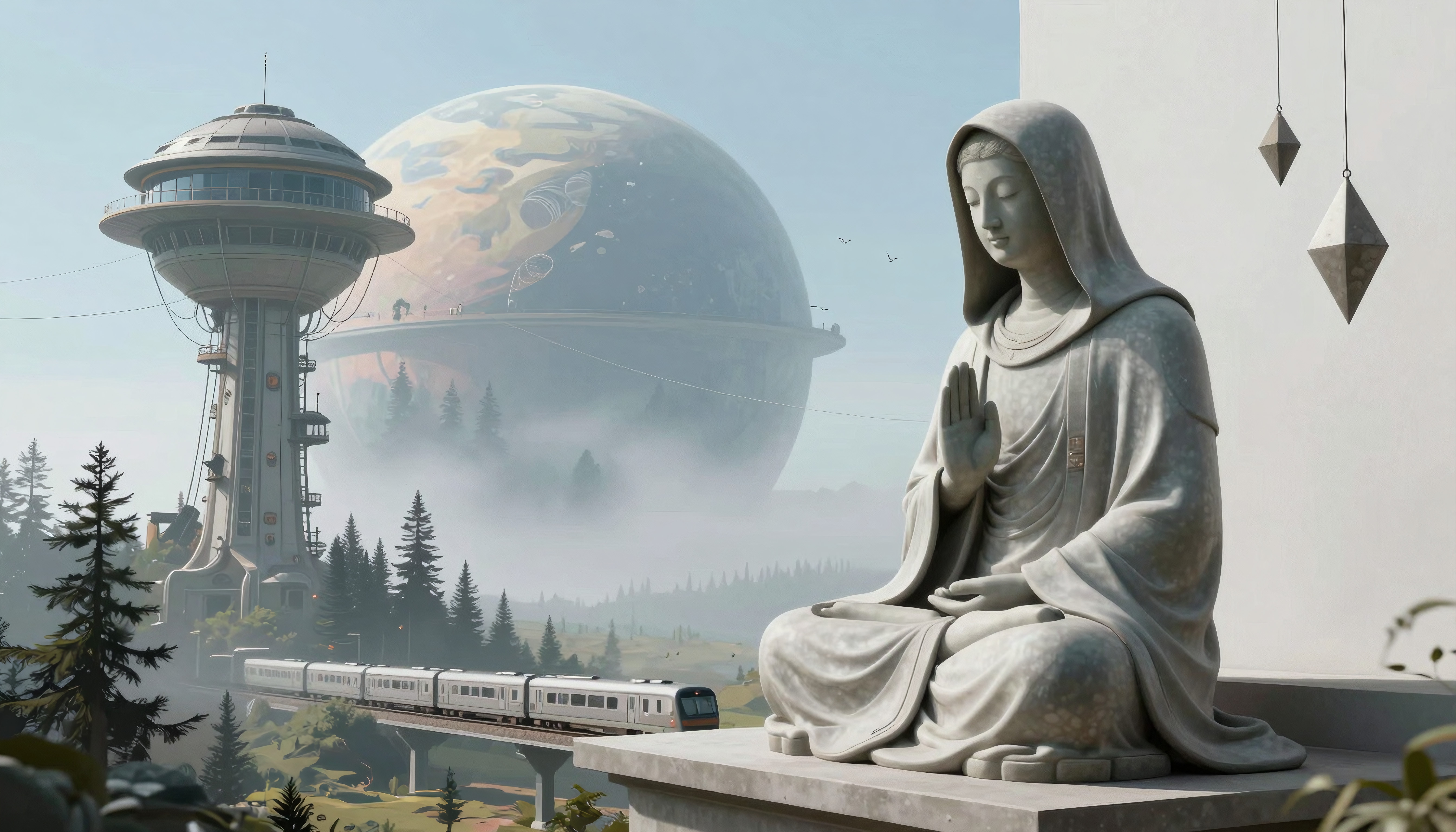 Futuristic landscape with meditative statue, sleek train, and massive planet-like sphere in serene setting.