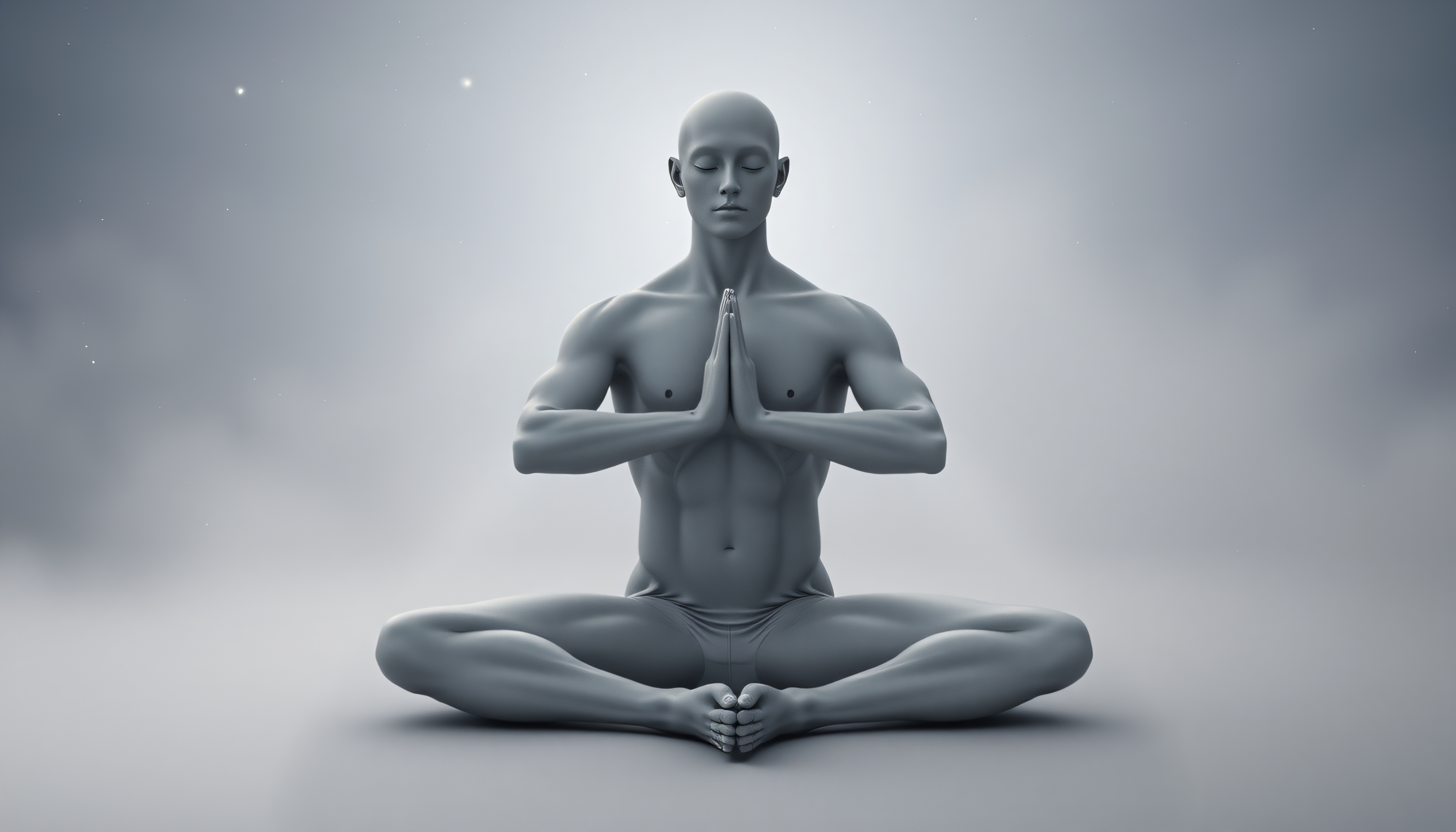 A serene figure meditates in a tranquil, gray ethereal space.