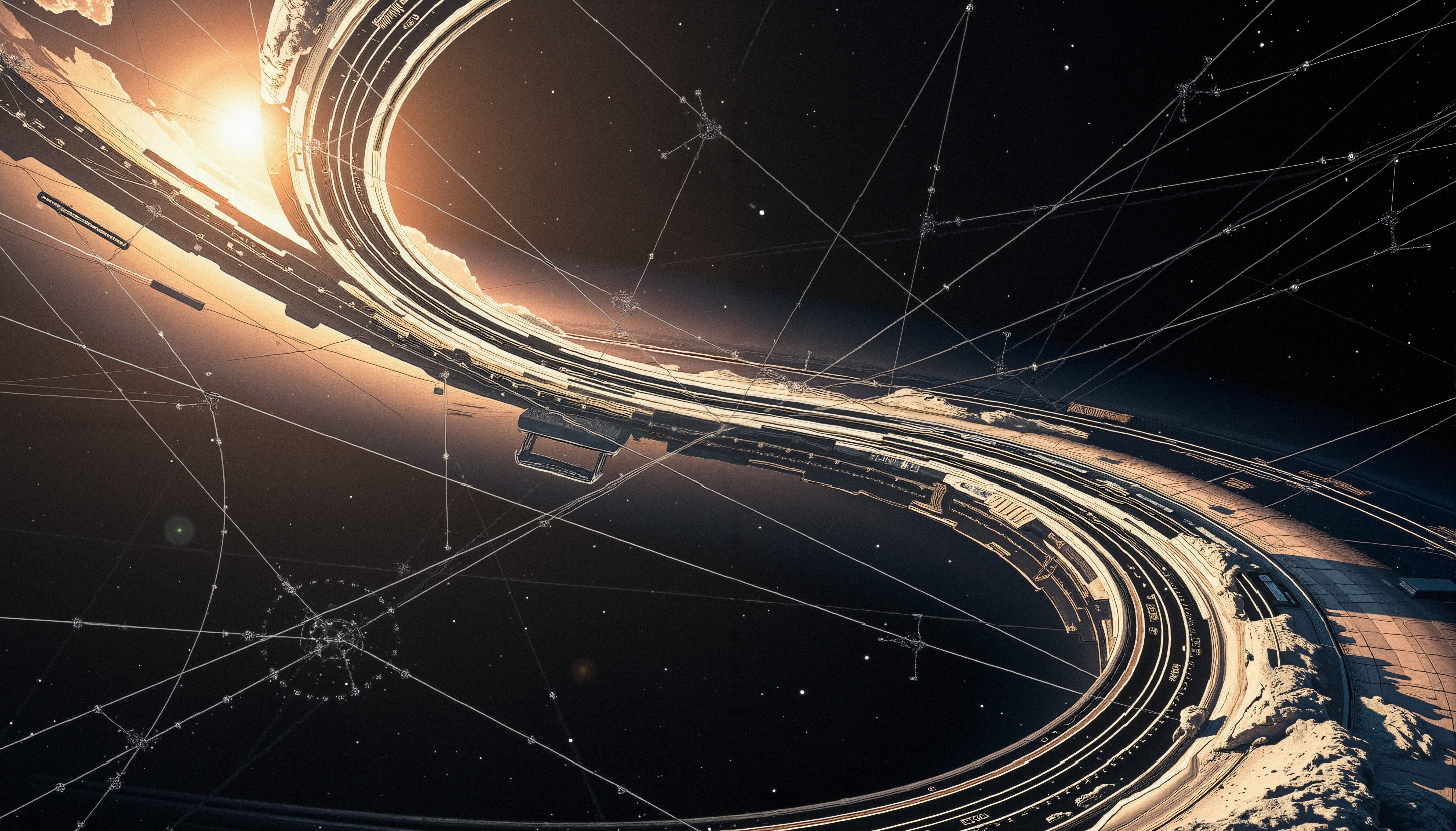 Futuristic space station in deep space, showcasing advanced design and cosmic connectivity.