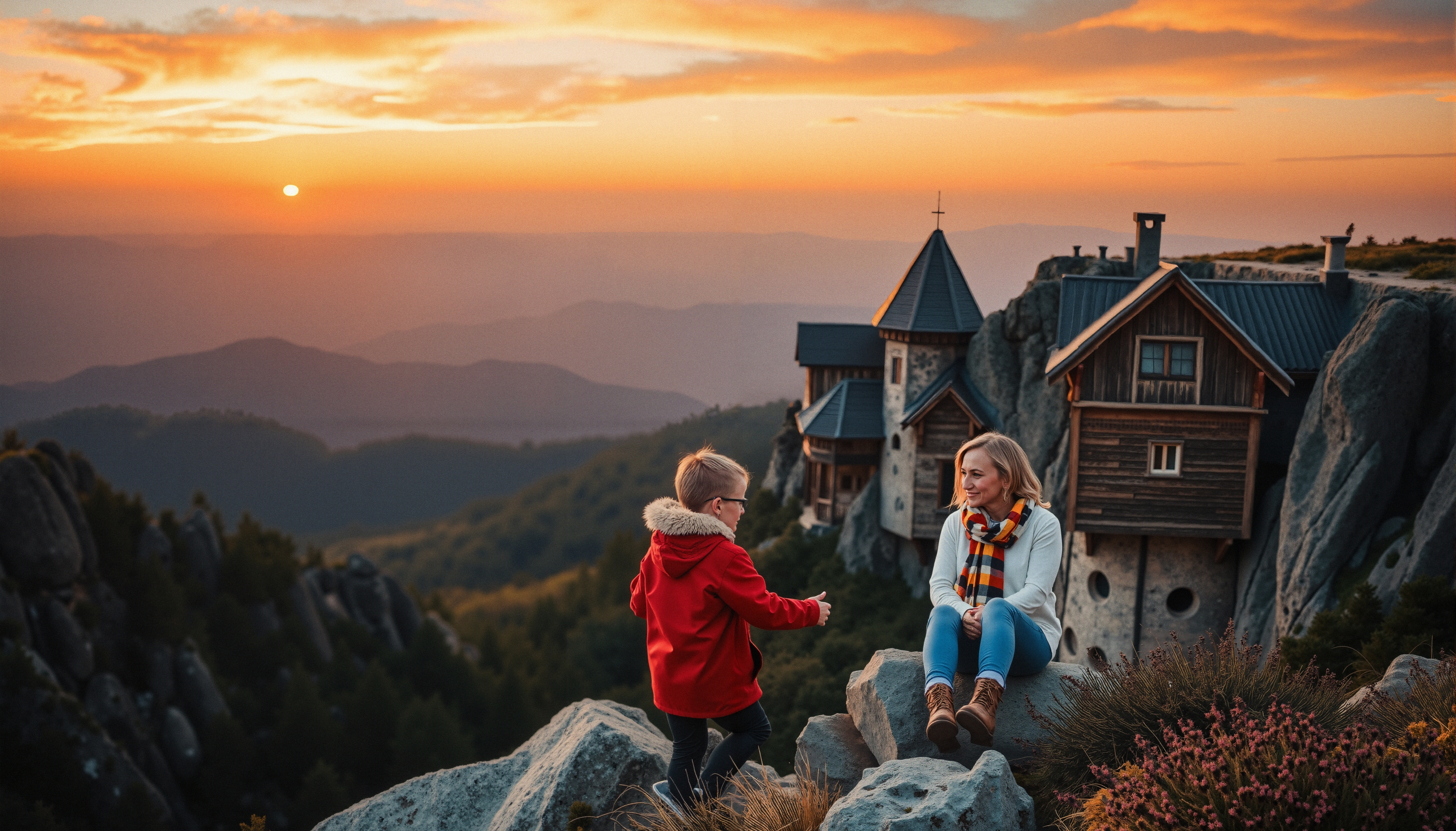 A boy and woman converse on rocks with a mountain sunset and rustic house in the background.