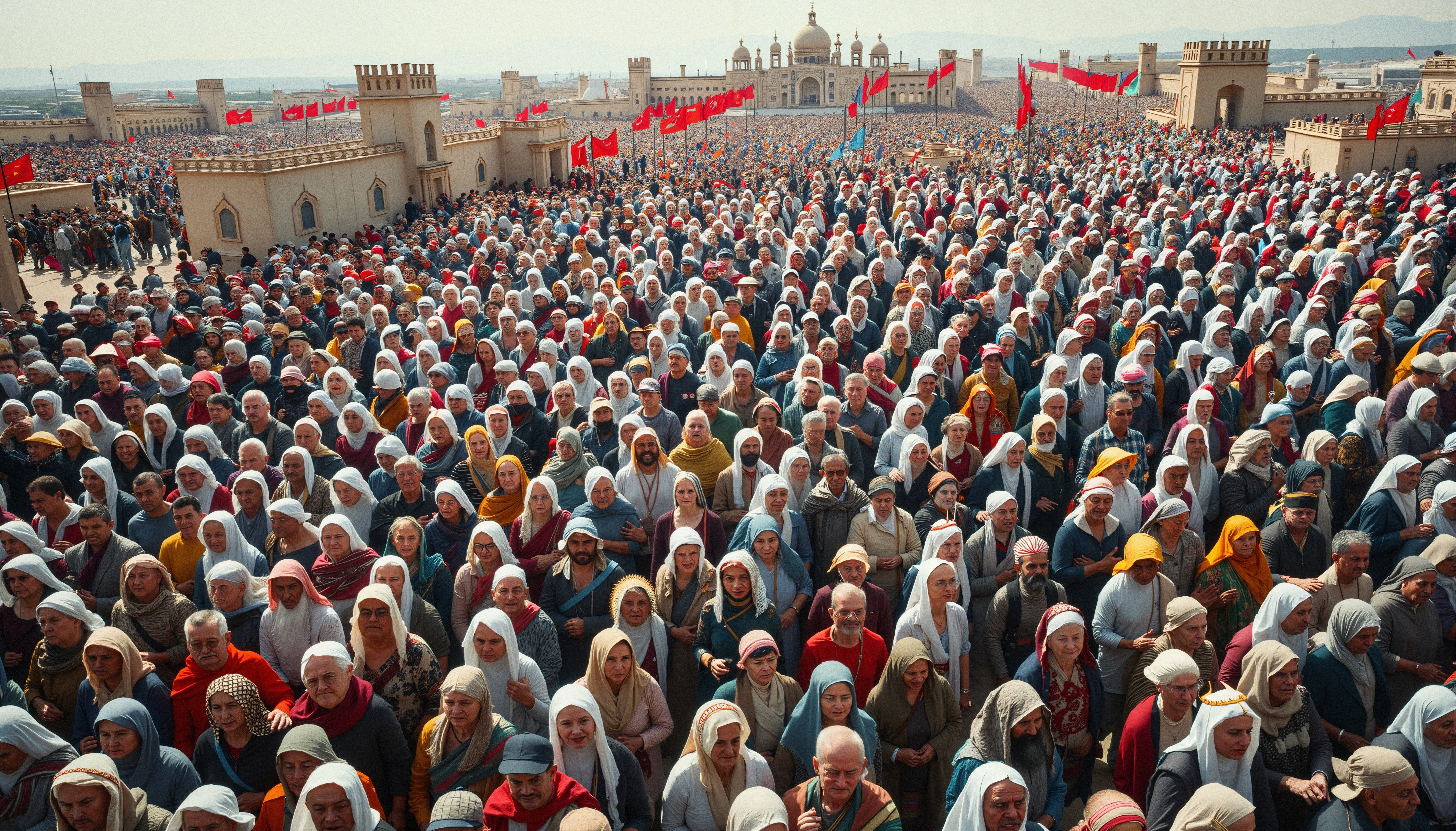 A large, colorful crowd gathers in front of a historical structure with domes and flags.