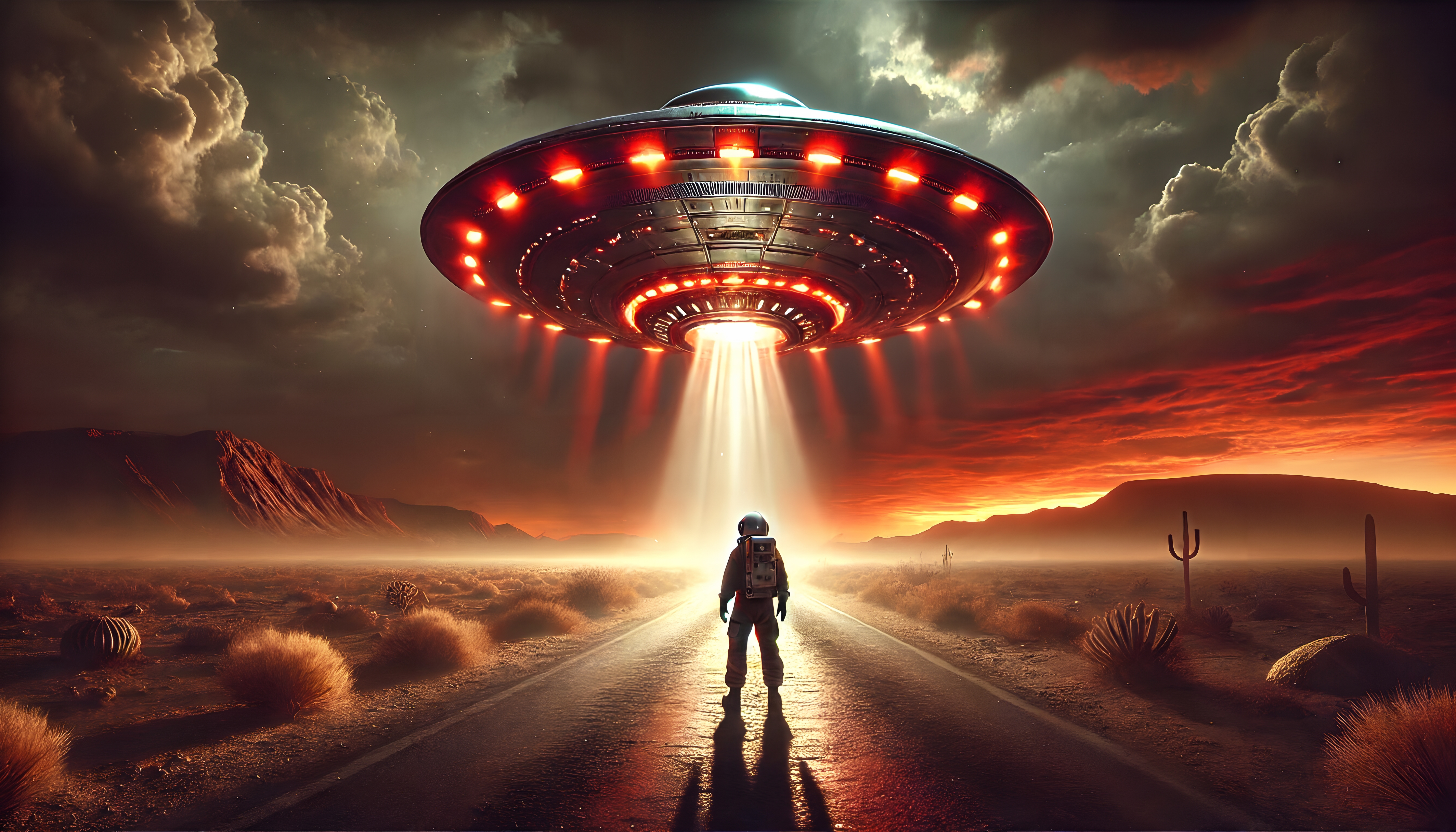 Lone Astronaut on Desert Road Under Giant Flying Saucer in Sunse