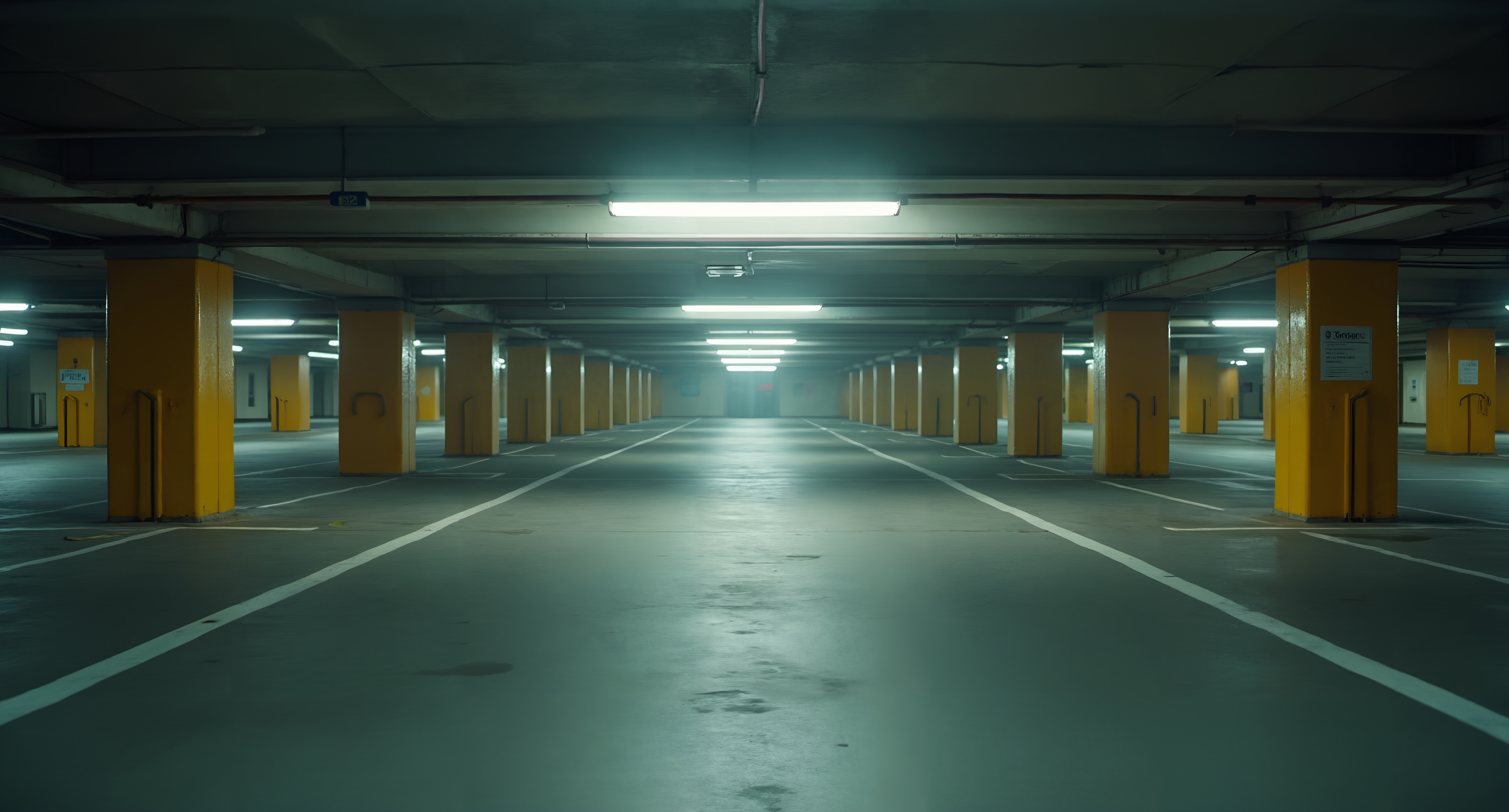 A spacious underground parking garage with yellow columns and fluorescent lighting.