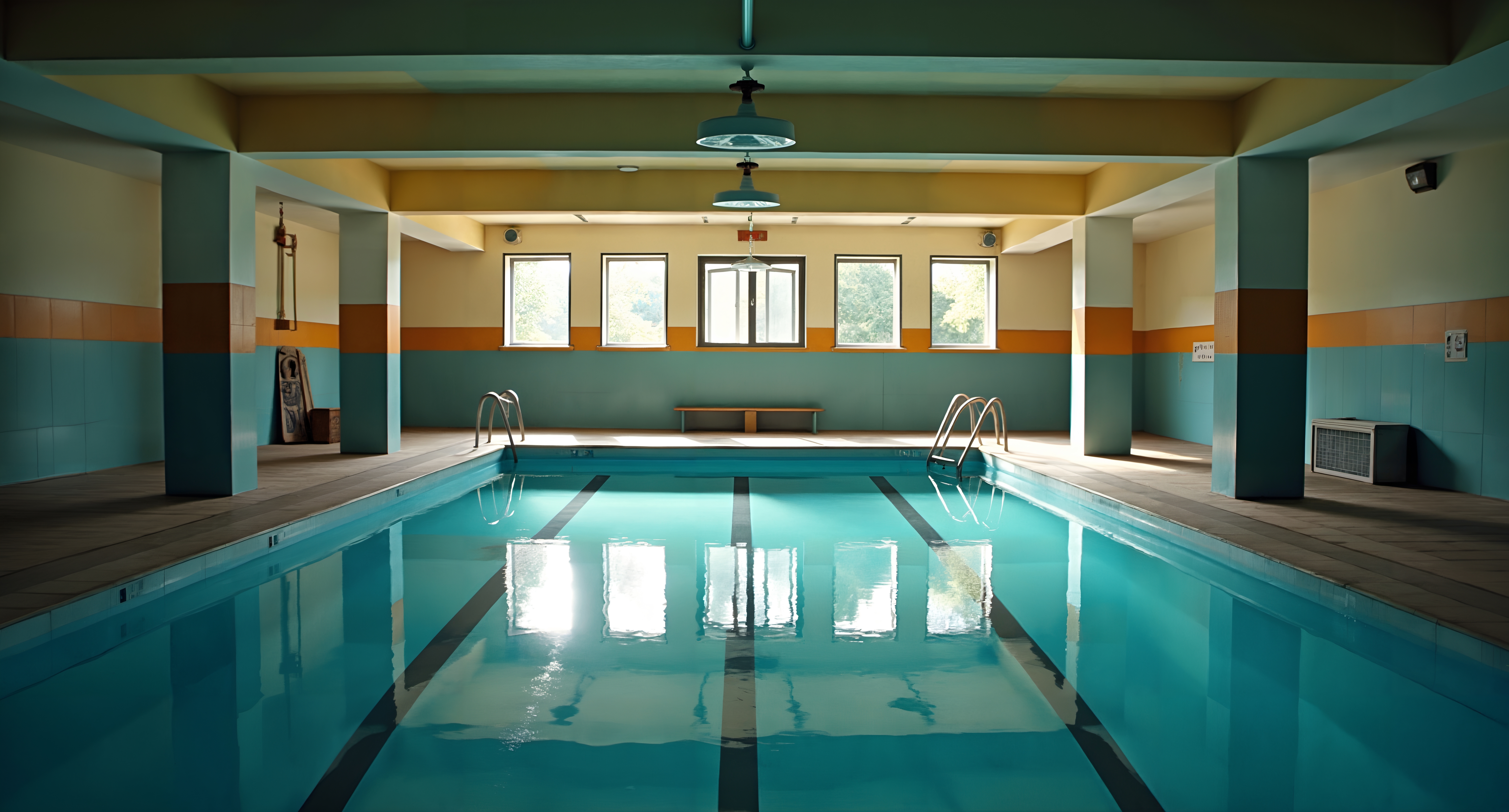Empty Indoor Swimming Pool with Teal and Orange Accent Walls