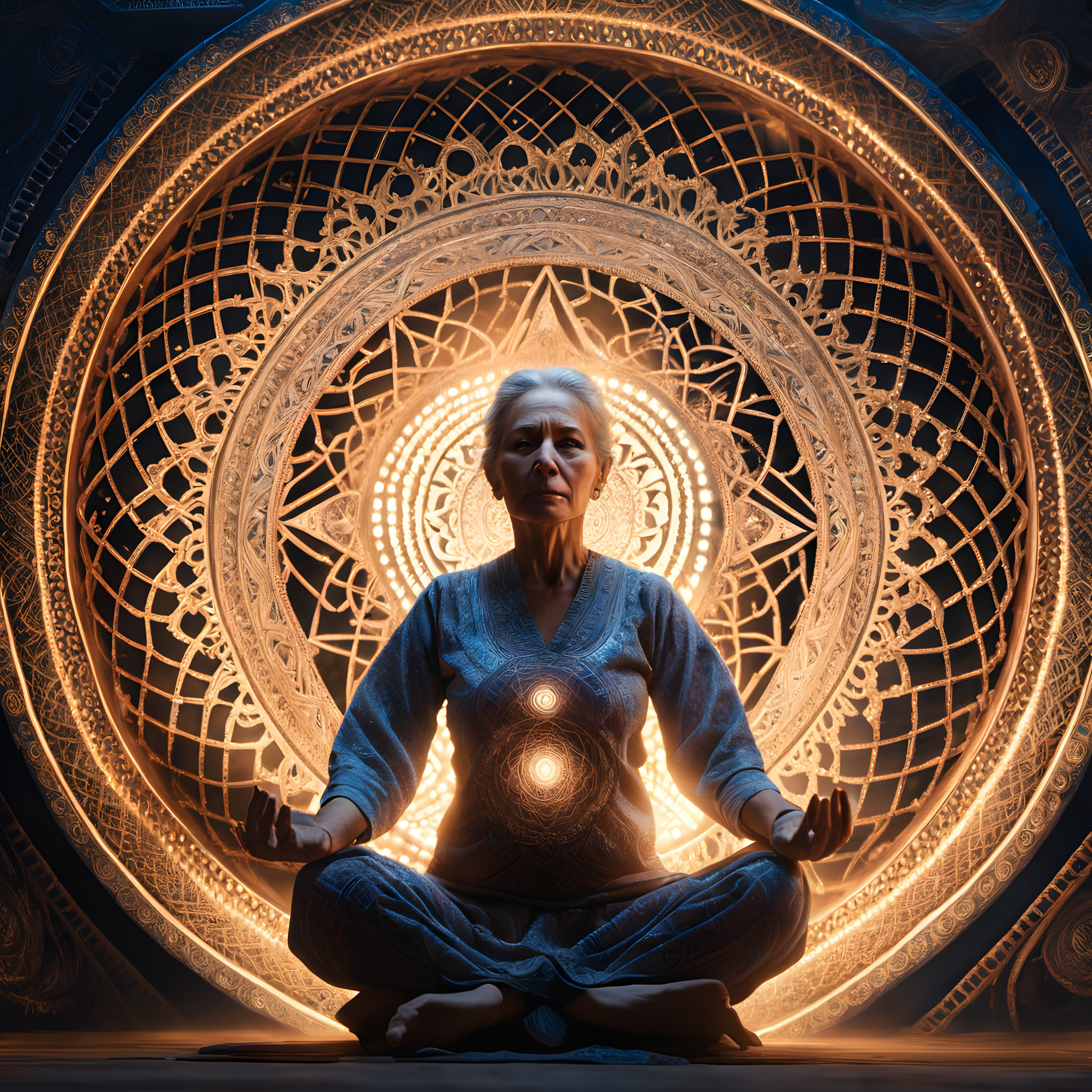 Elderly Woman Meditating in Golden Mandala Sanctuary