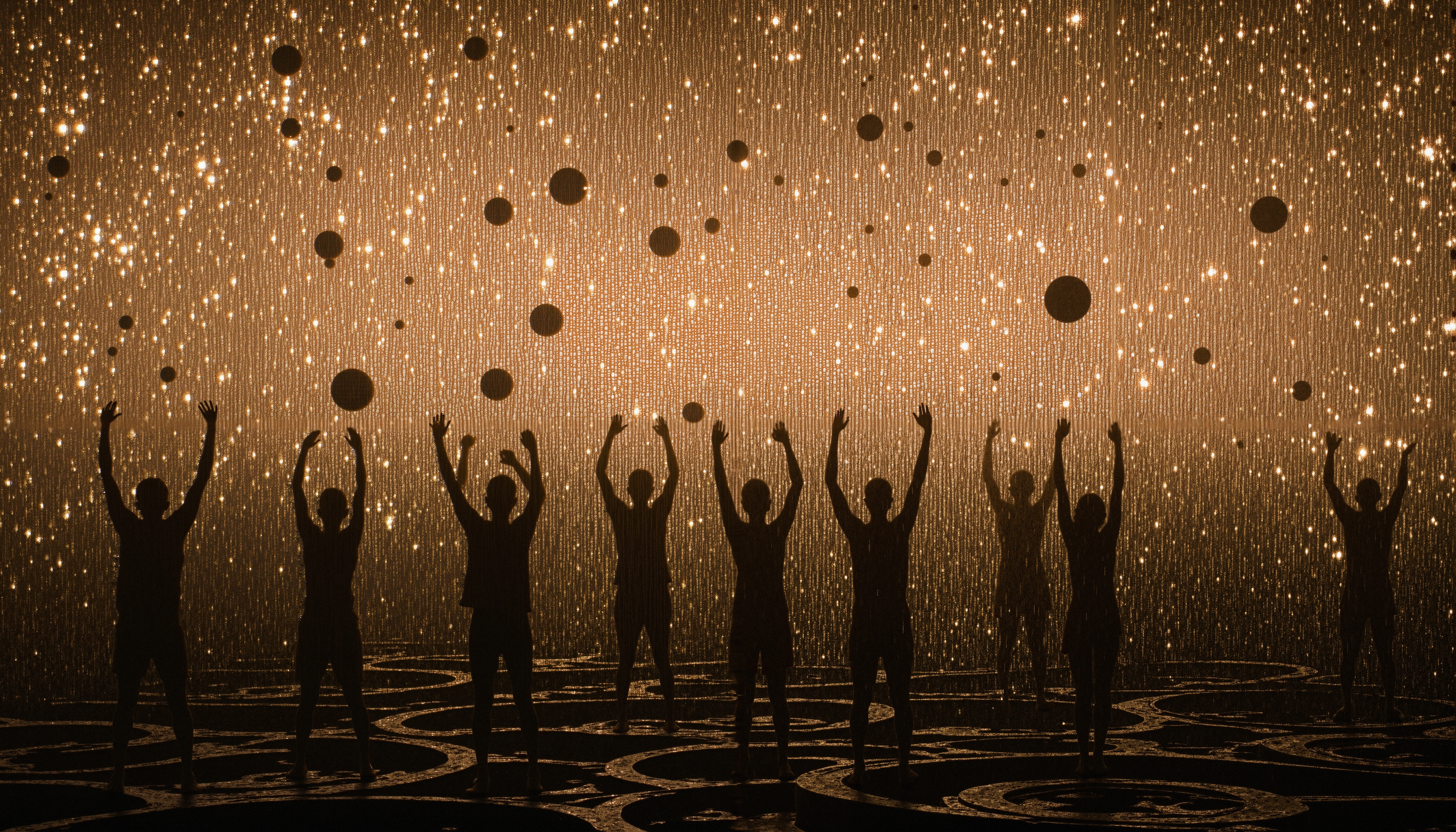 Nine silhouetted figures raise arms beneath shimmering golden light, evoking unity and wonder.