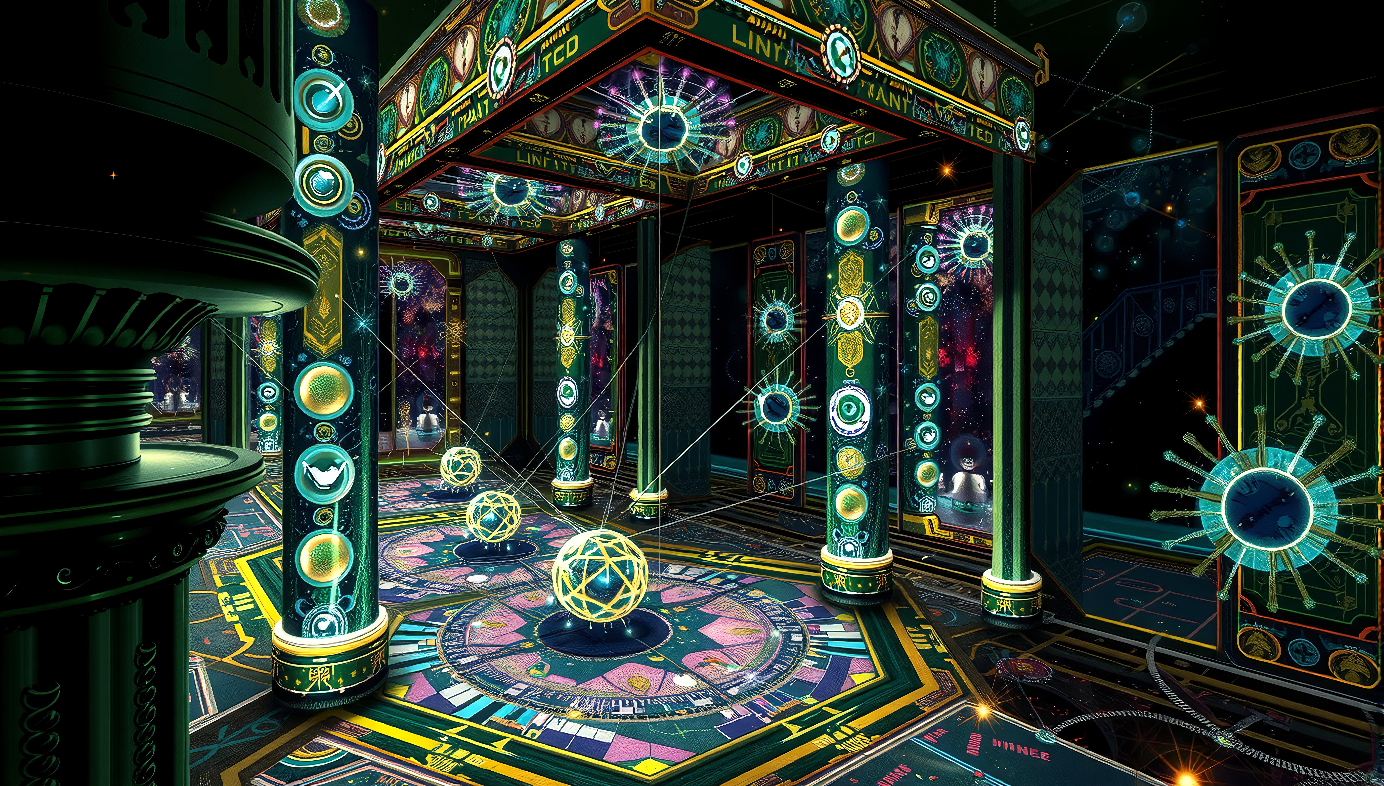 Futuristic neon-lit chamber with glowing celestial designs.