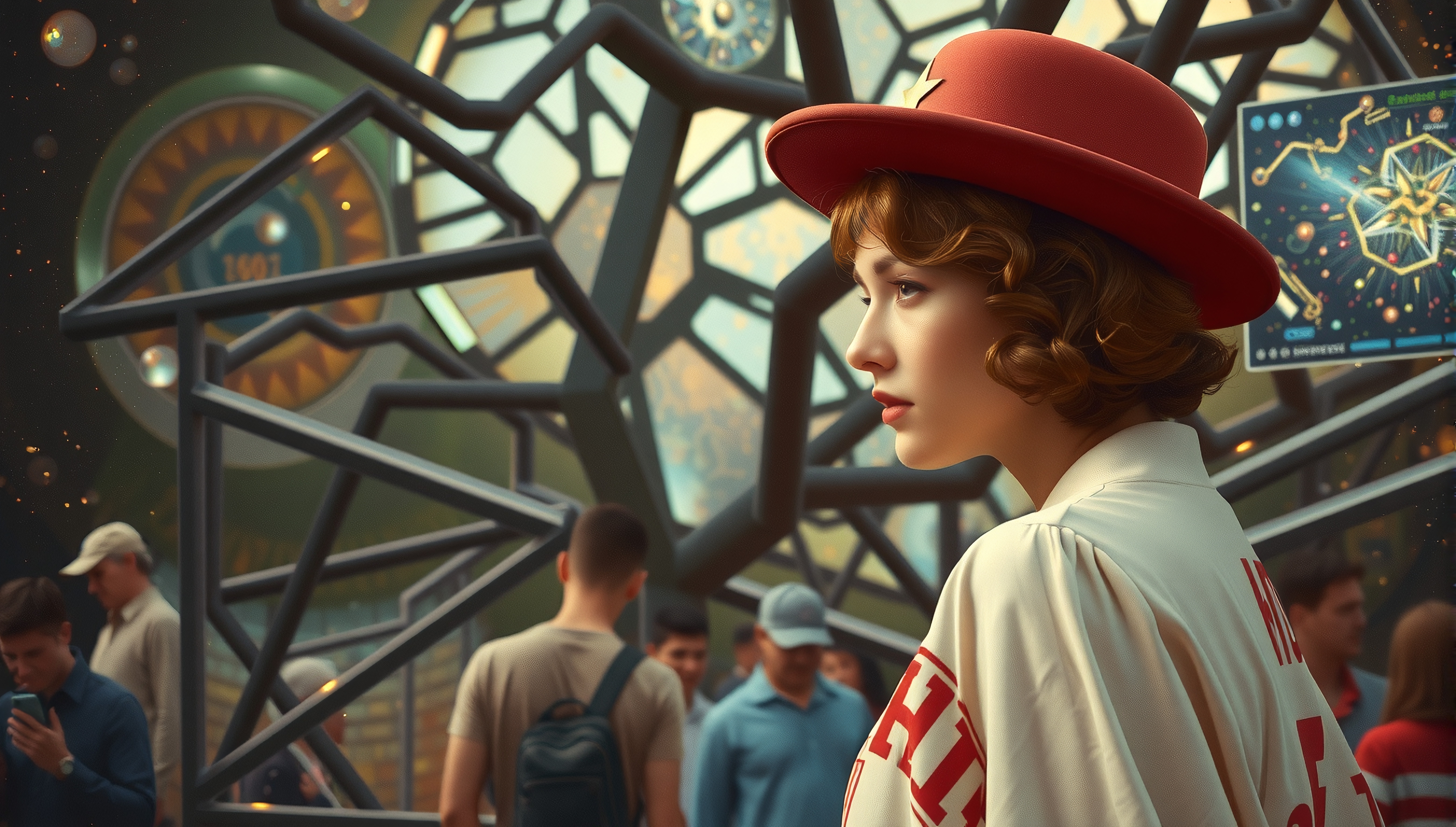 Young woman in red hat at a futuristic space exhibit with geometric patterns.