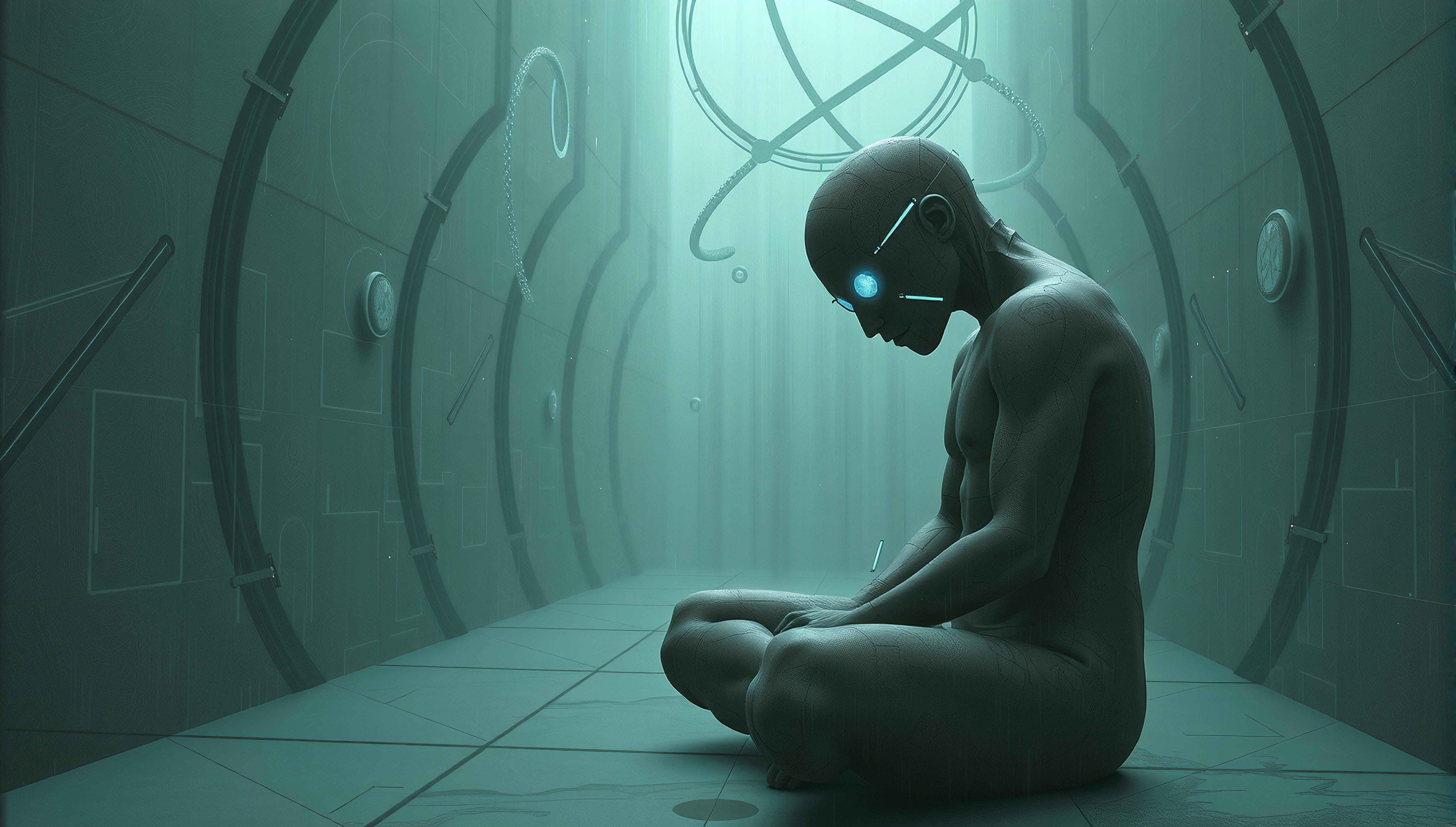 Futuristic humanoid robot in a tech-themed, teal-lit corridor sits contemplatively.