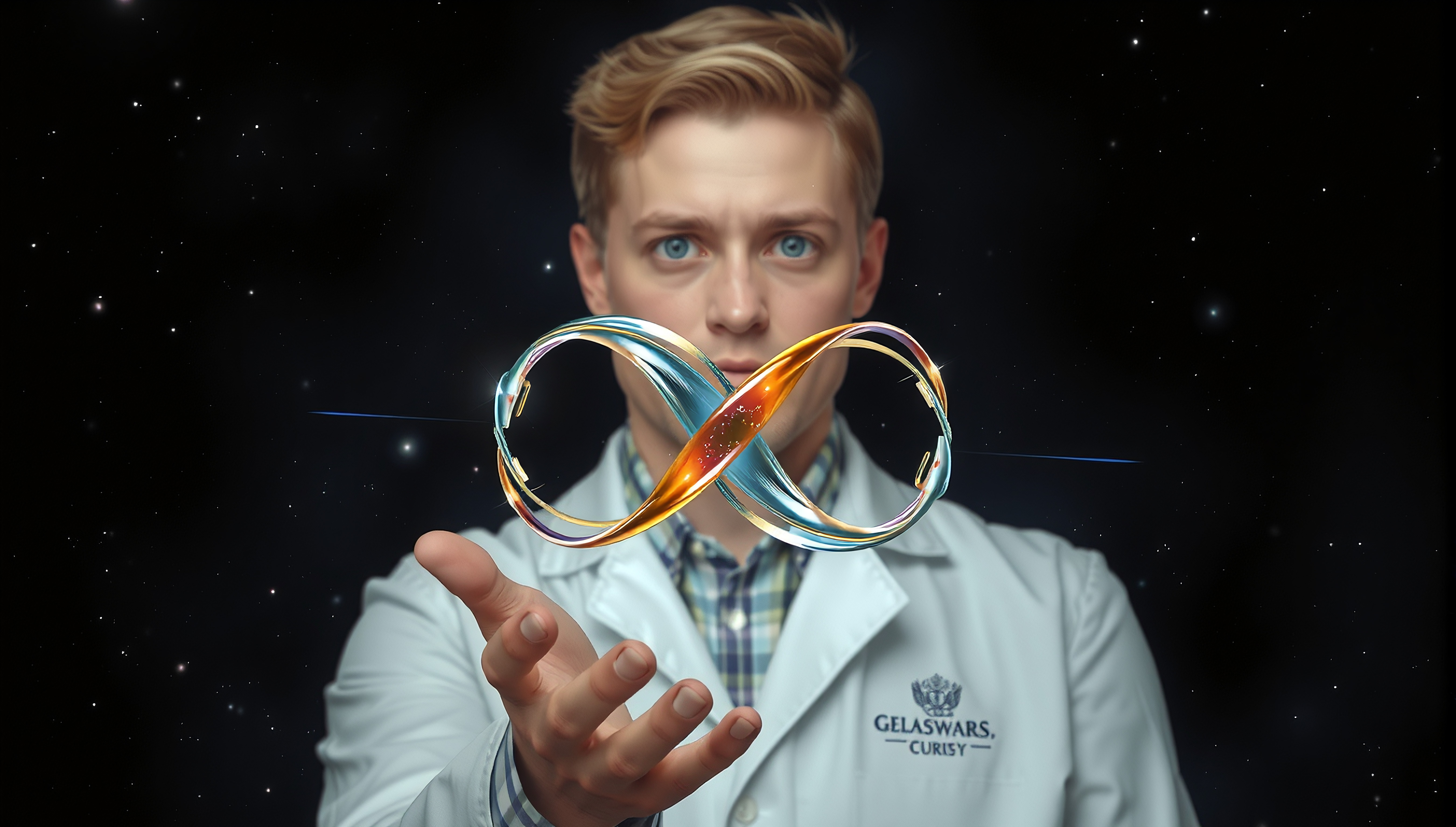 Young scientist holding glowing, intertwined concept rings again