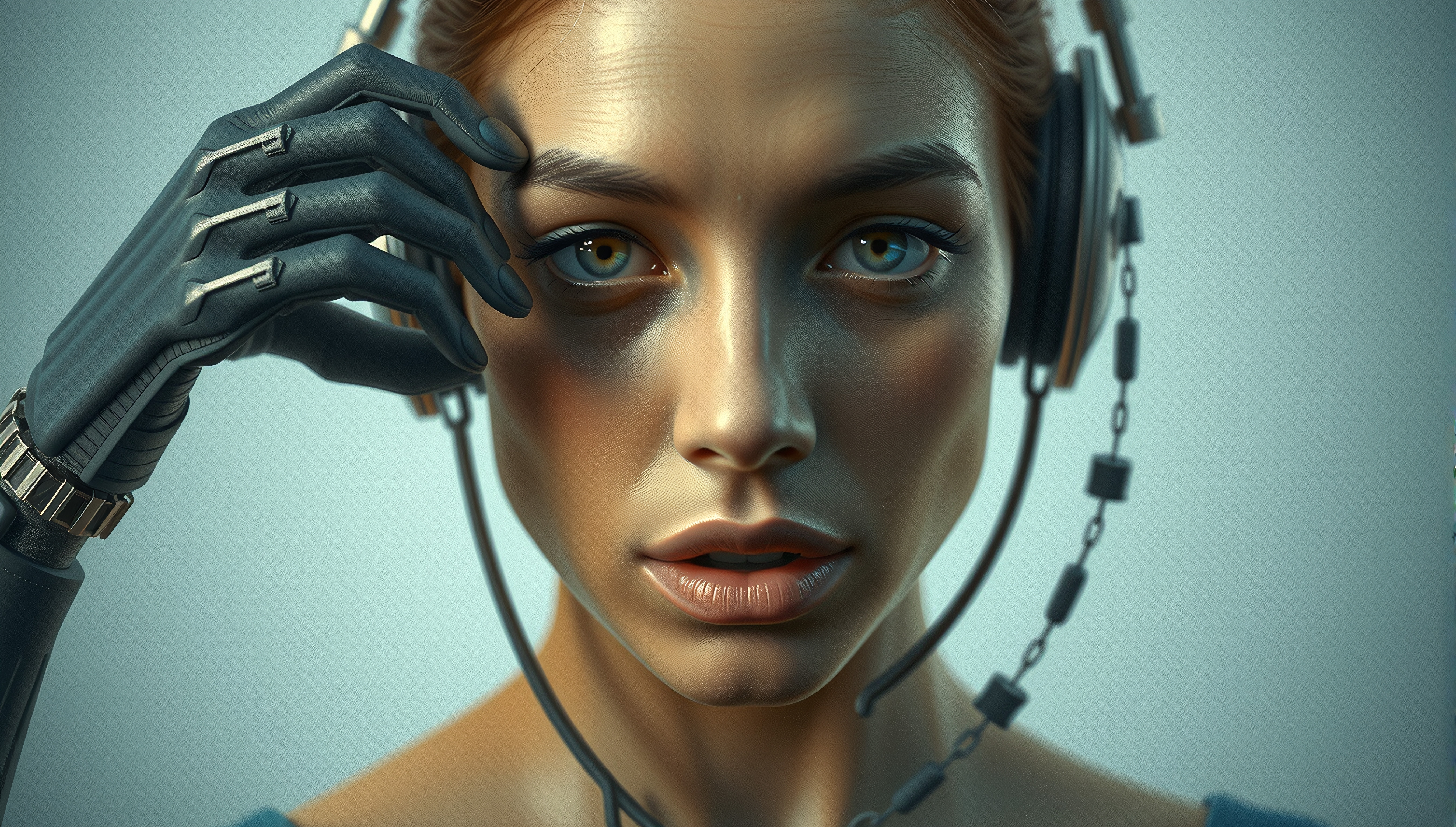 Close-up of a futuristic woman with a robotic hand and headset.