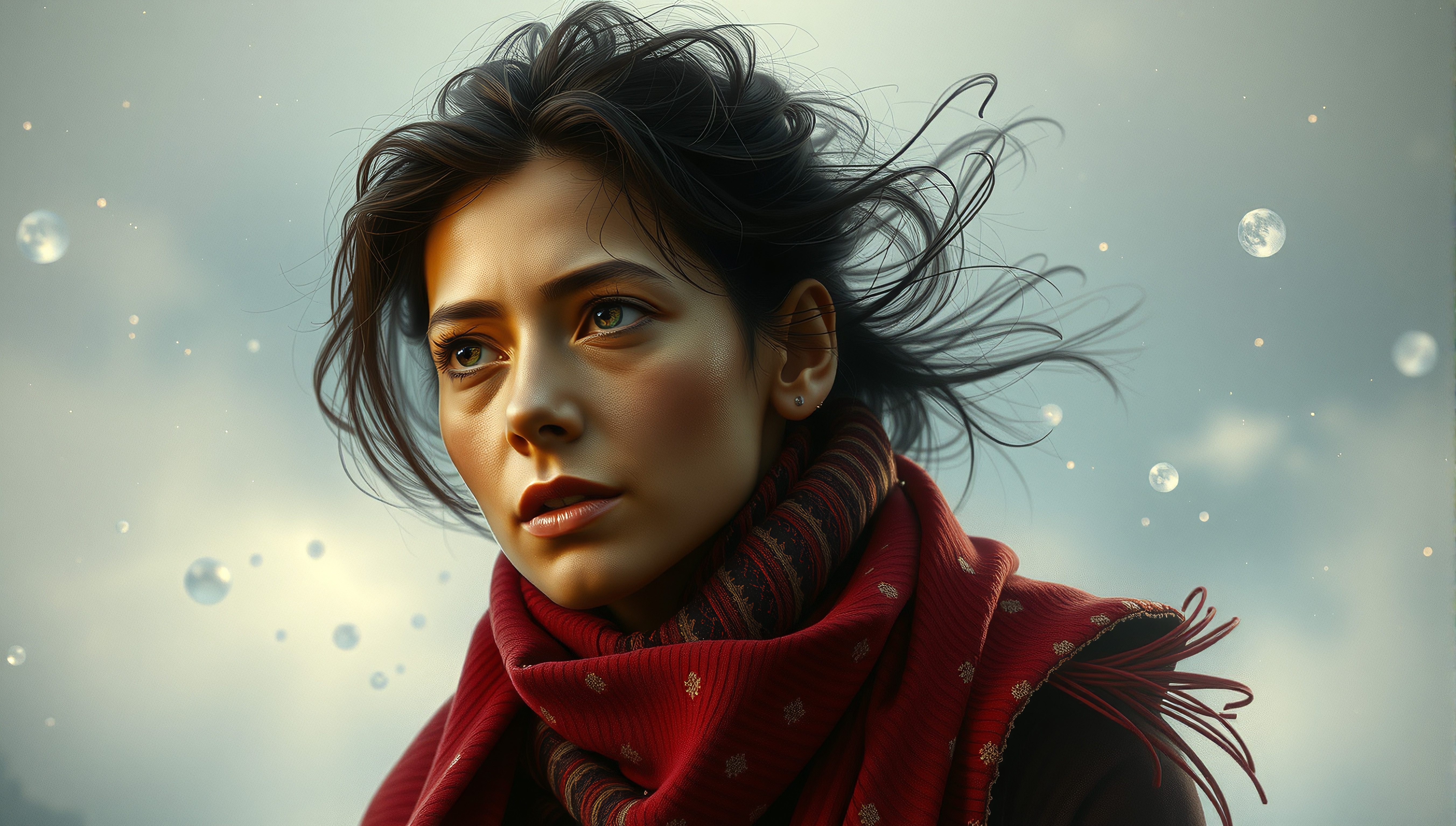 A woman in a red scarf gazes thoughtfully amidst floating orbs against a muted sky.