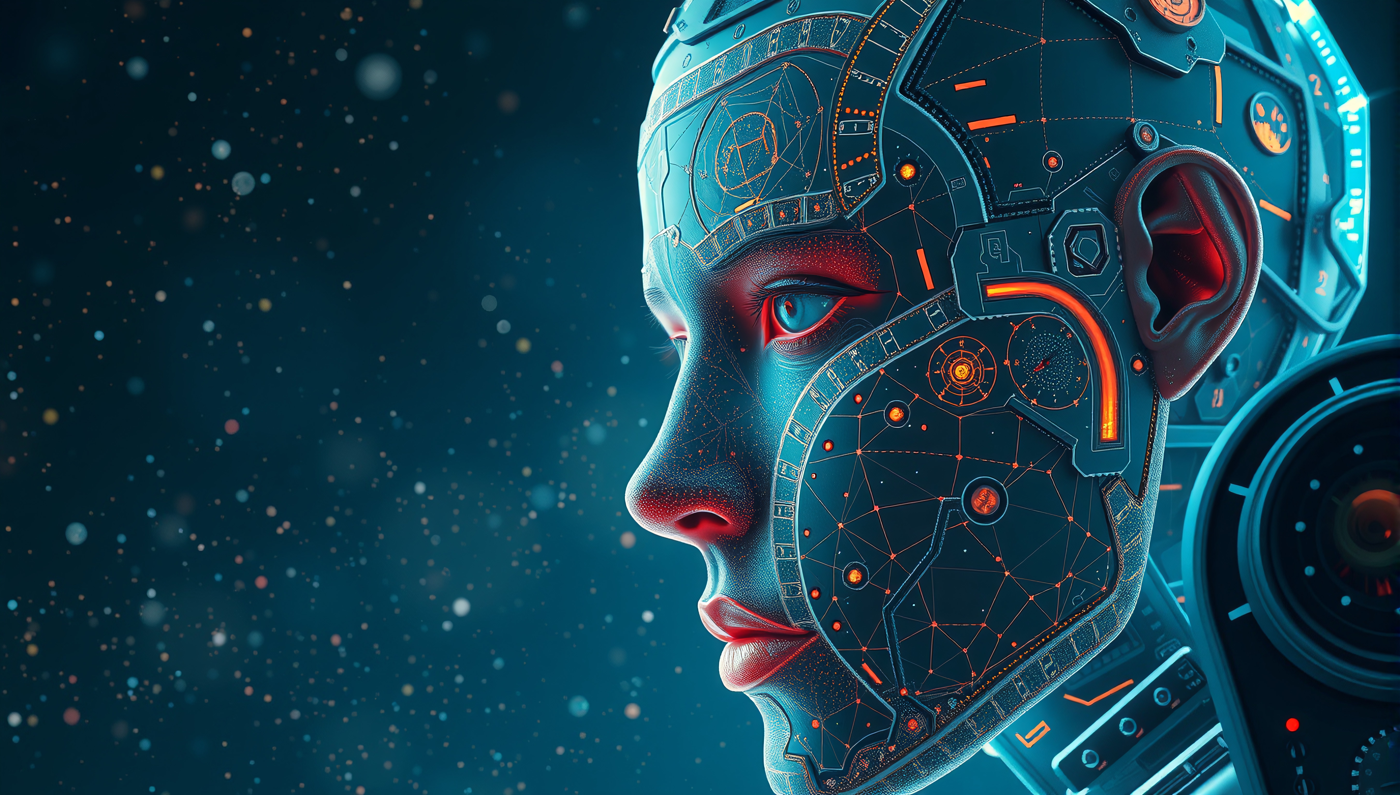 A side profile of a humanoid robot with intricate circuits and glowing elements against a starry background.