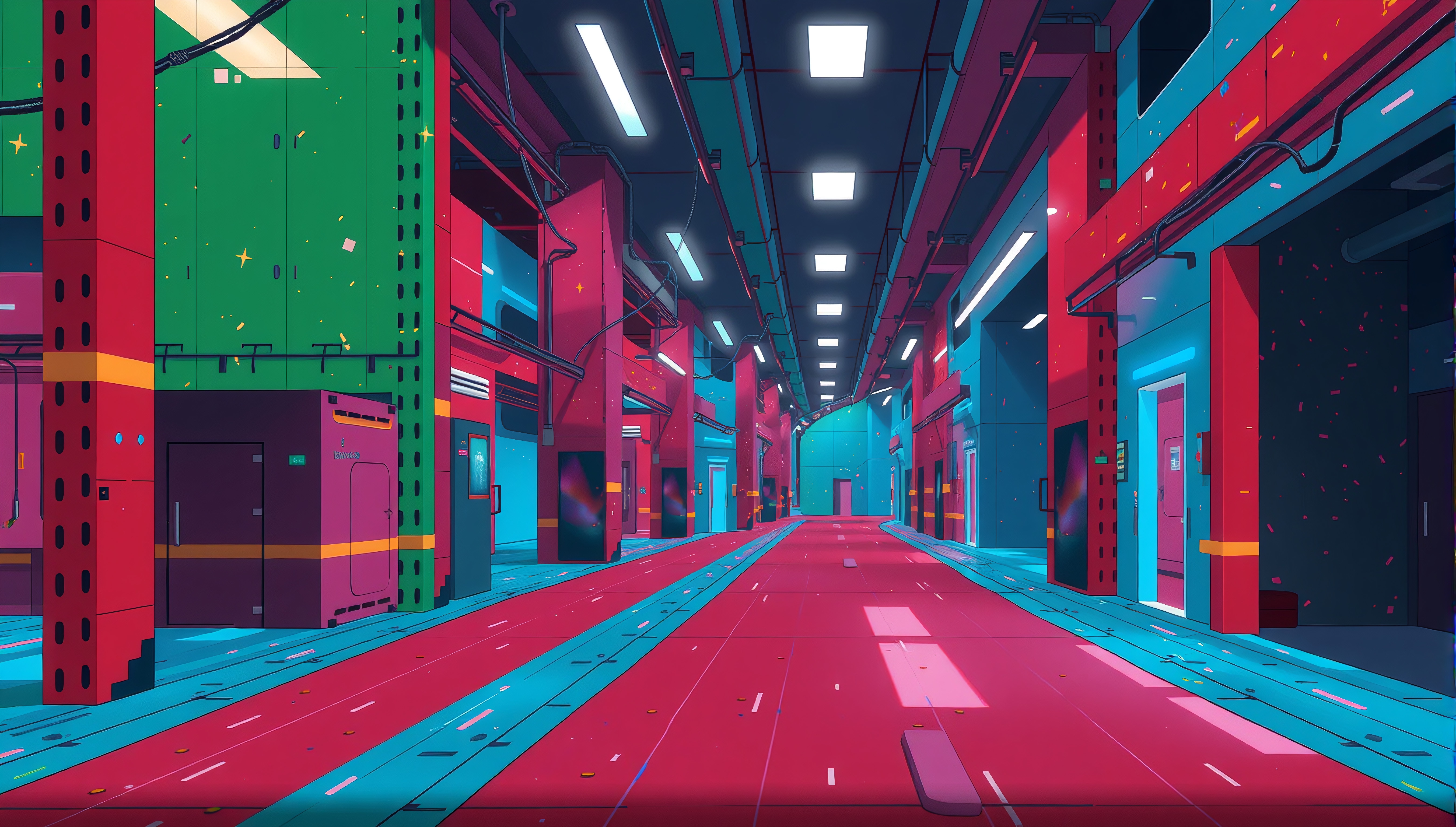 A vibrant futuristic hallway with geometric designs and colorful lighting.