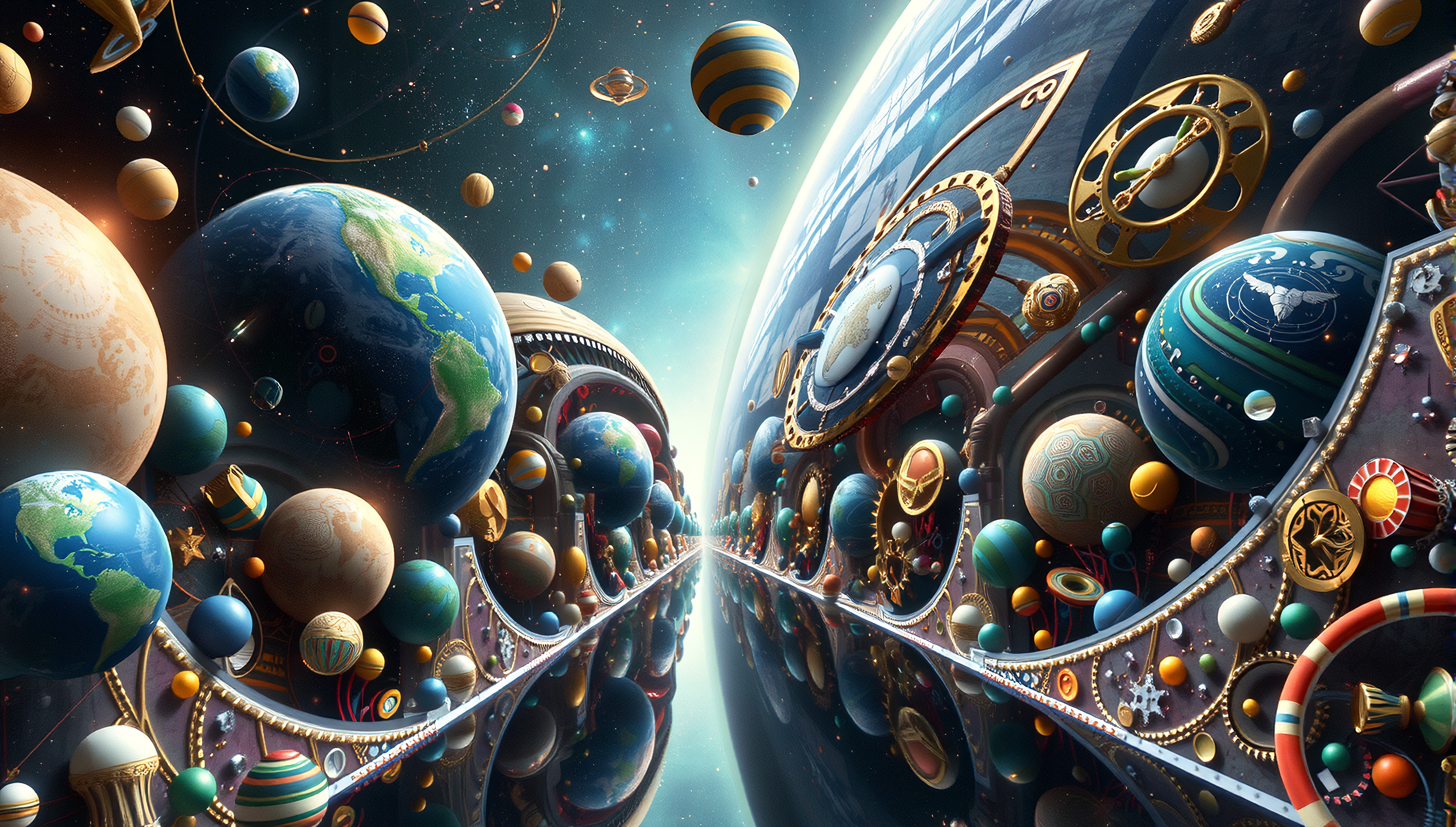 Surreal cosmic scene with mirrored space structure, planets, celestial clocks, vibrant colors