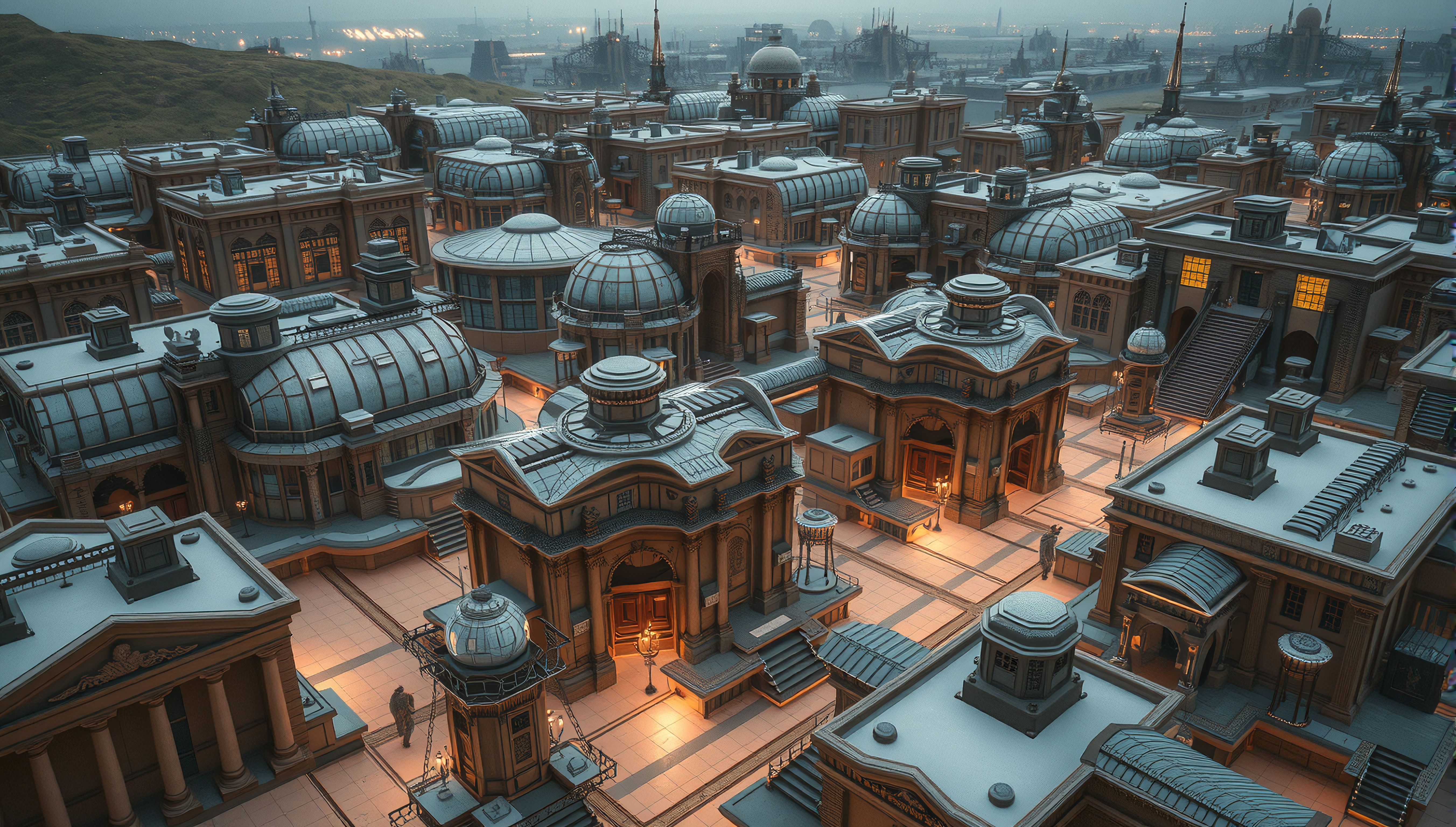 Futuristic Urban Cityscape with Domed Structures and Snowy Rooft
