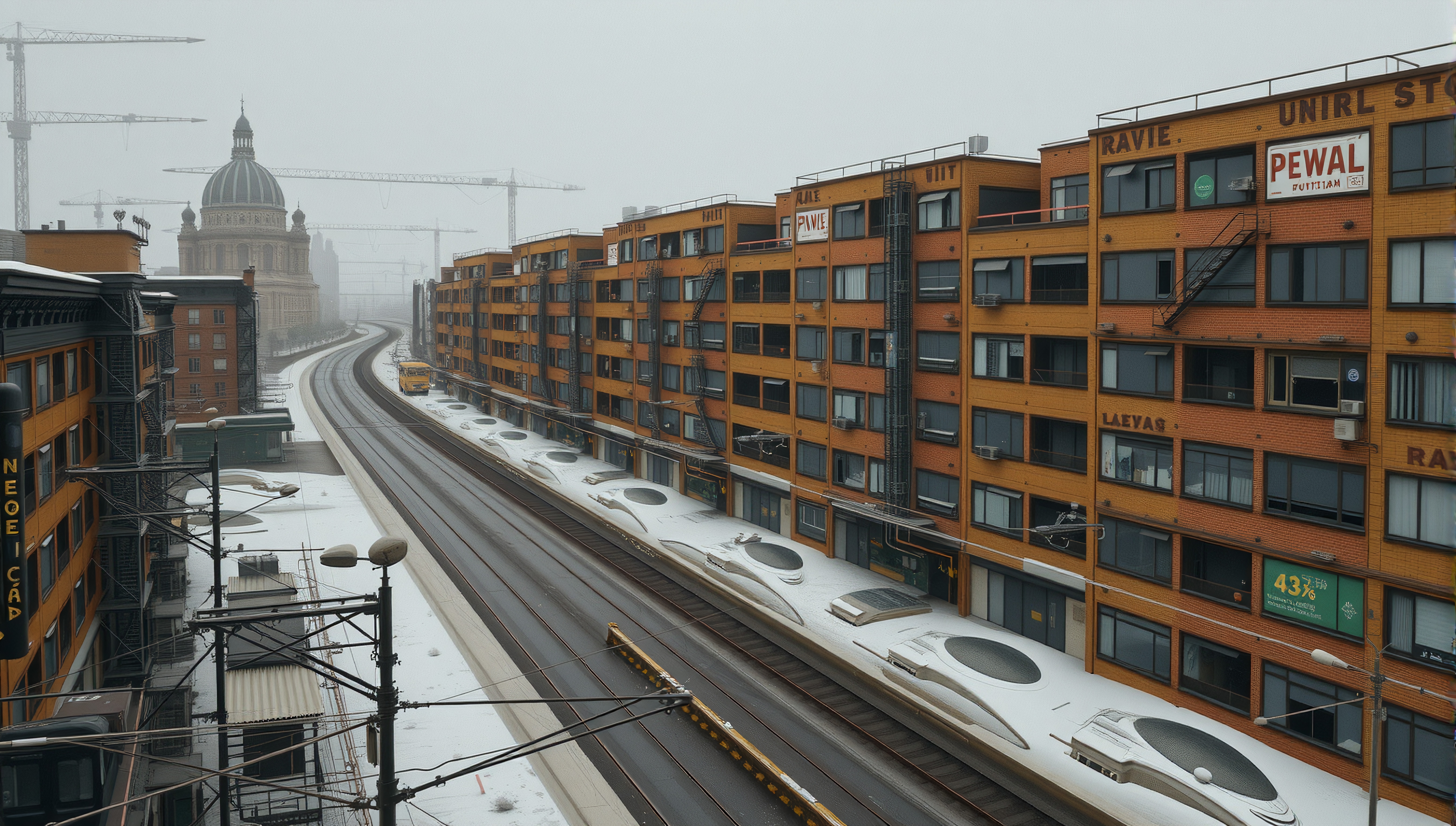 Snowfall over the bustling cityscape