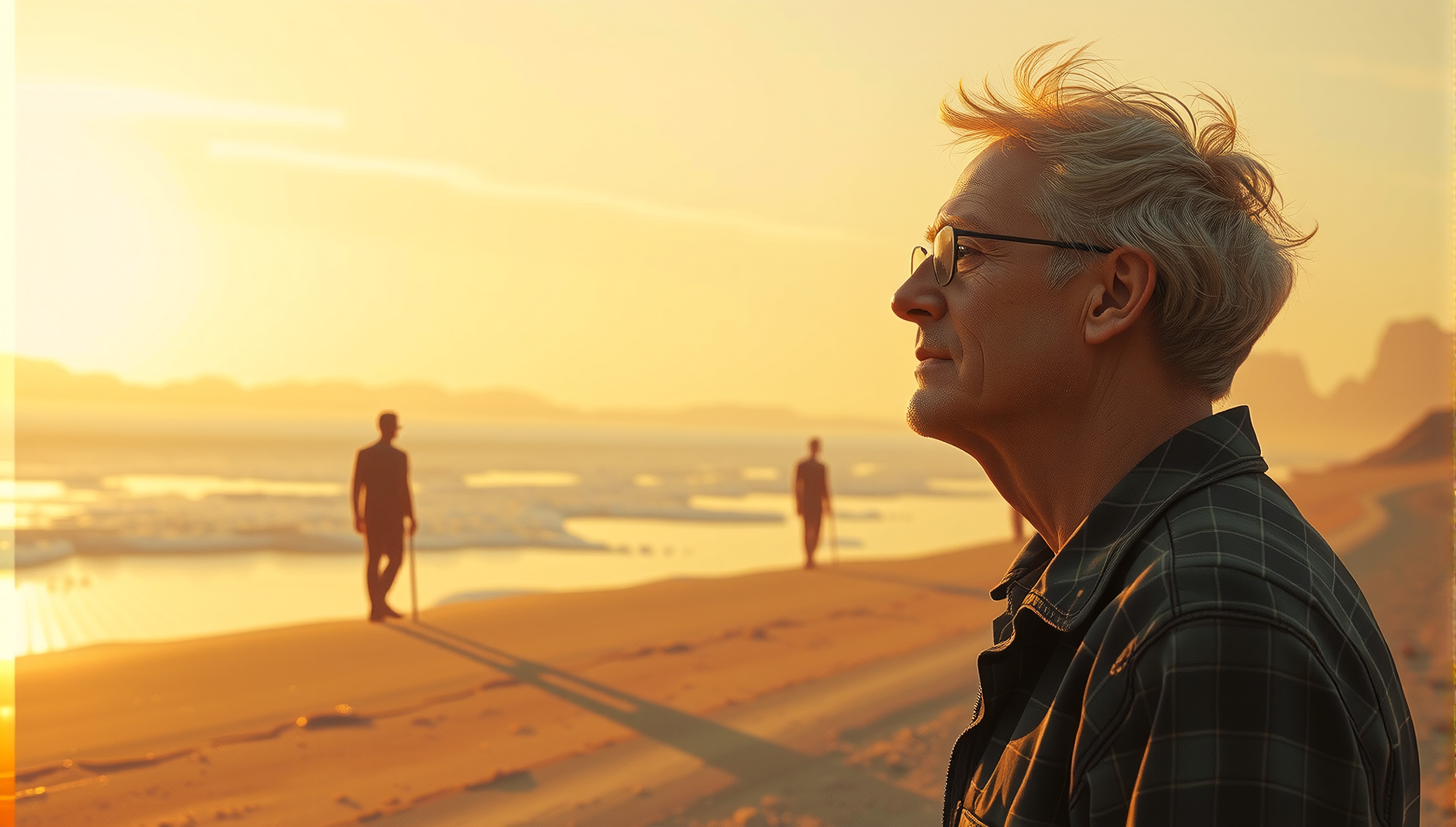 A man with glasses stands on a beach at sunset, two figures in the background, creating a serene and reflective scene.