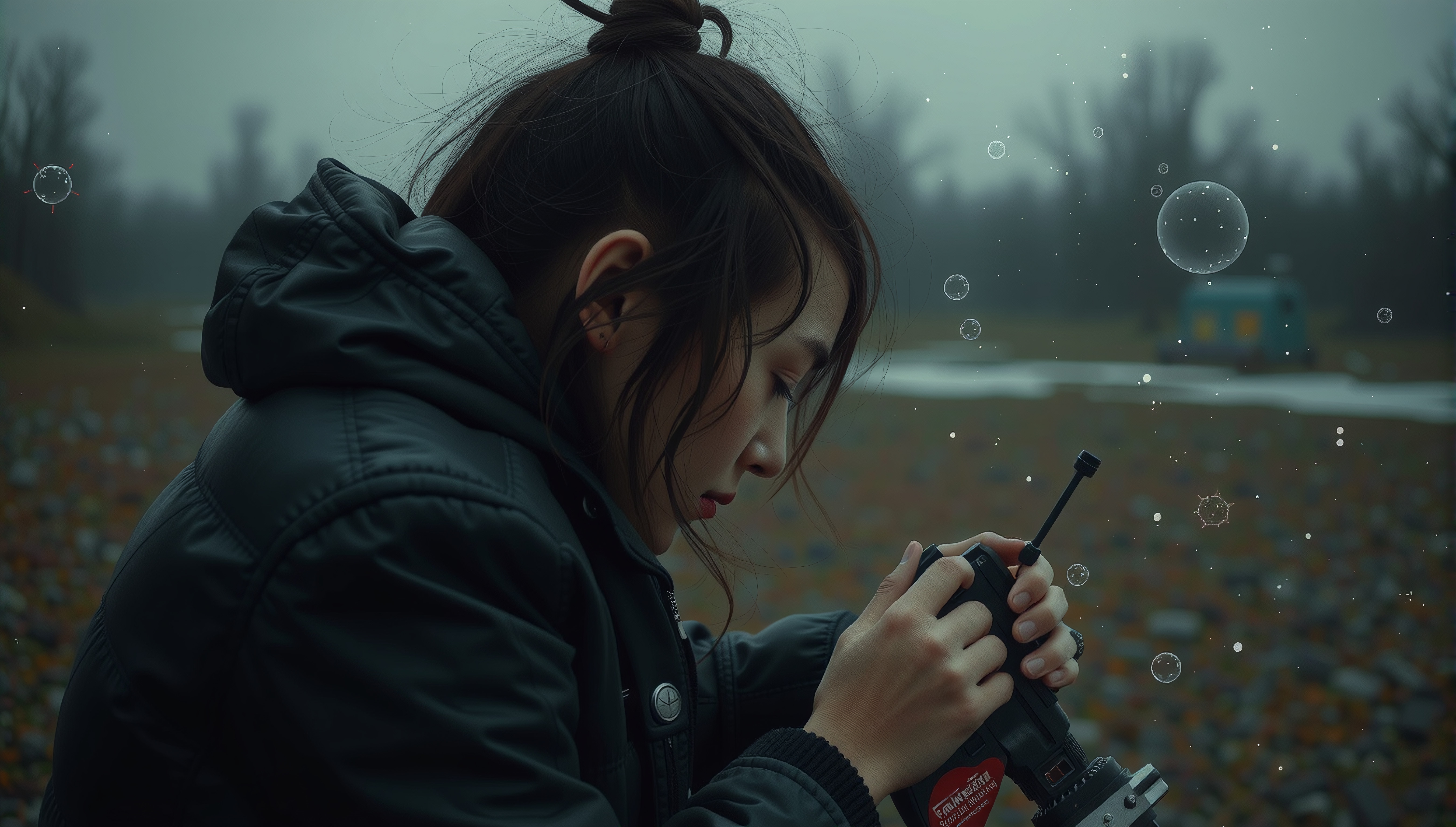 A young woman focusing on her device in a misty field, surrounded by floating bubbles and an ethereal atmosphere.