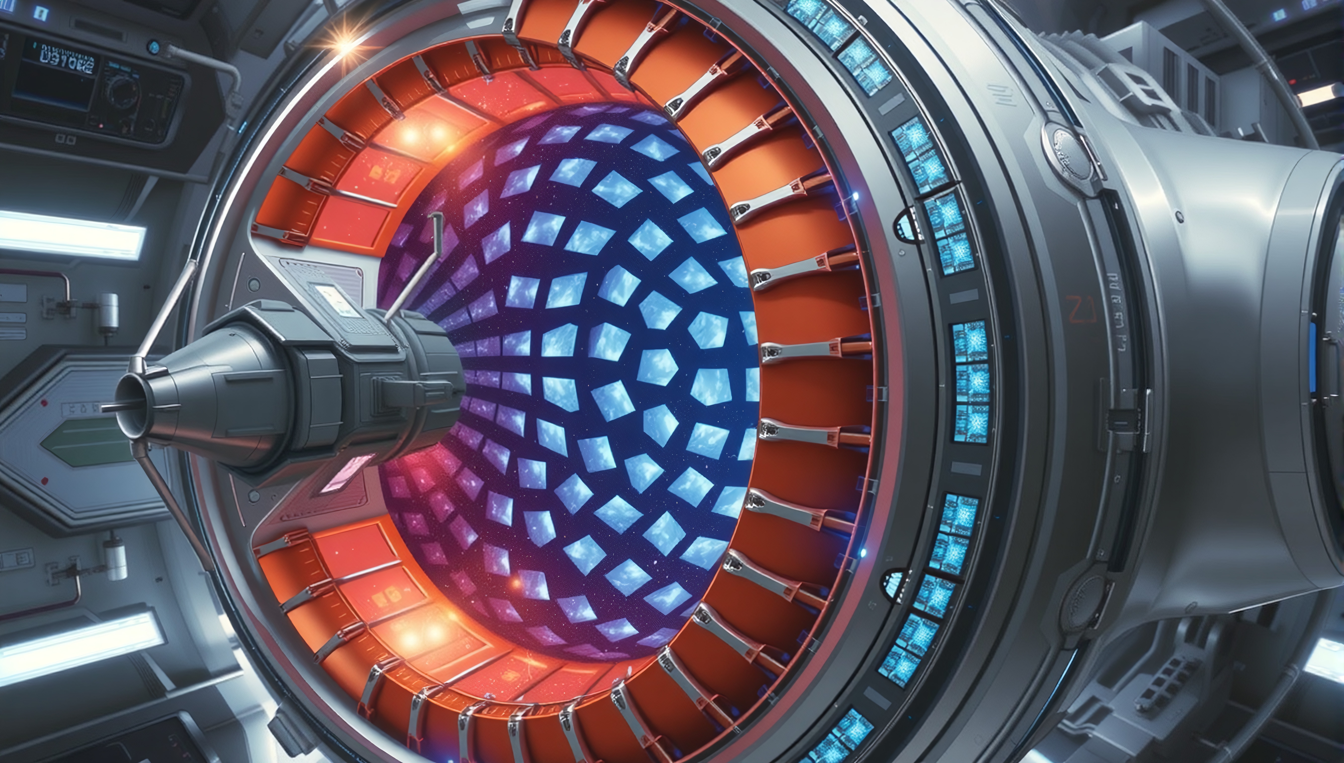 Futuristic engine with glowing lights and intricate design.