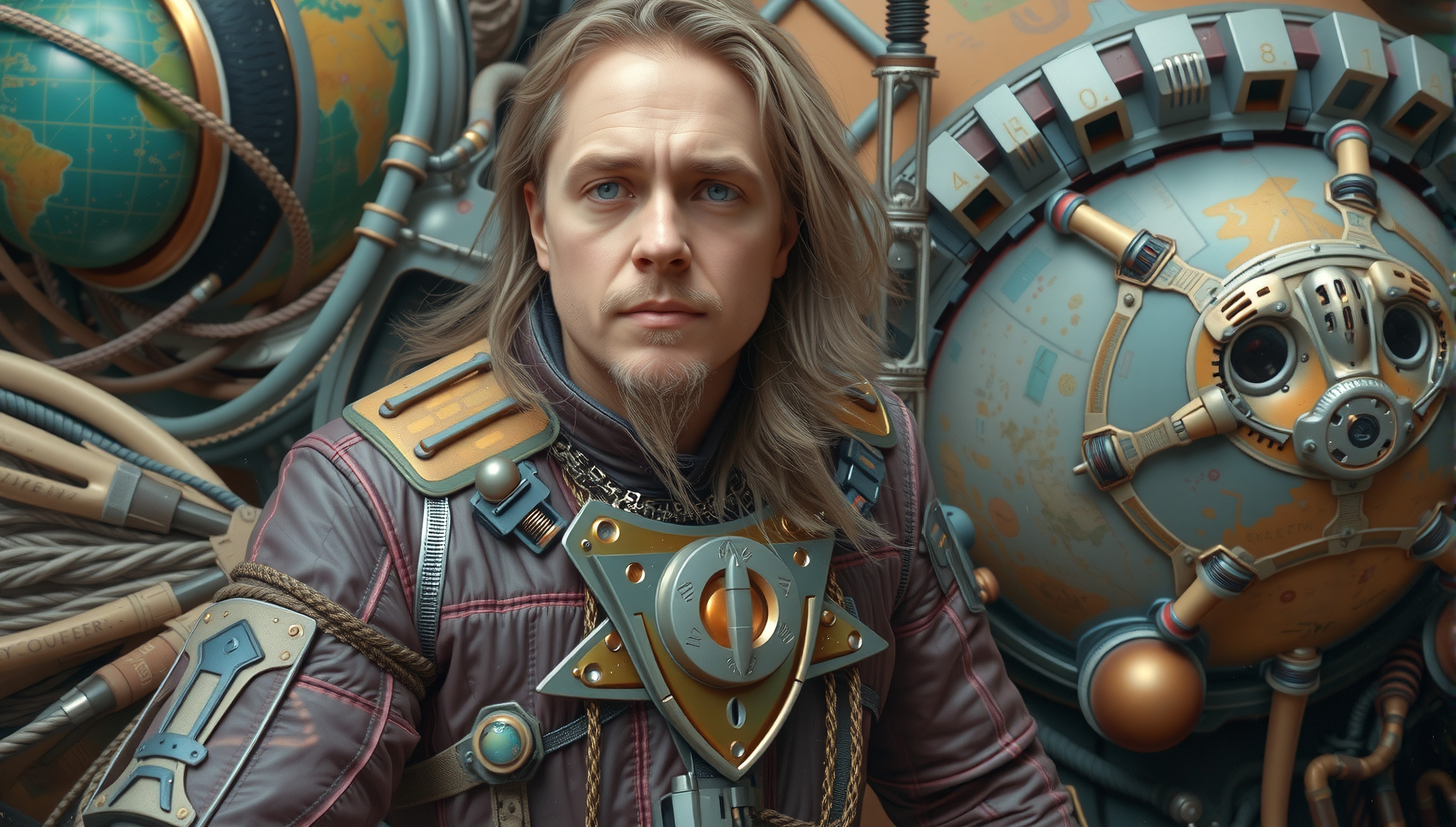 A man in a futuristic suit stands against a backdrop of intricate machinery and globes.