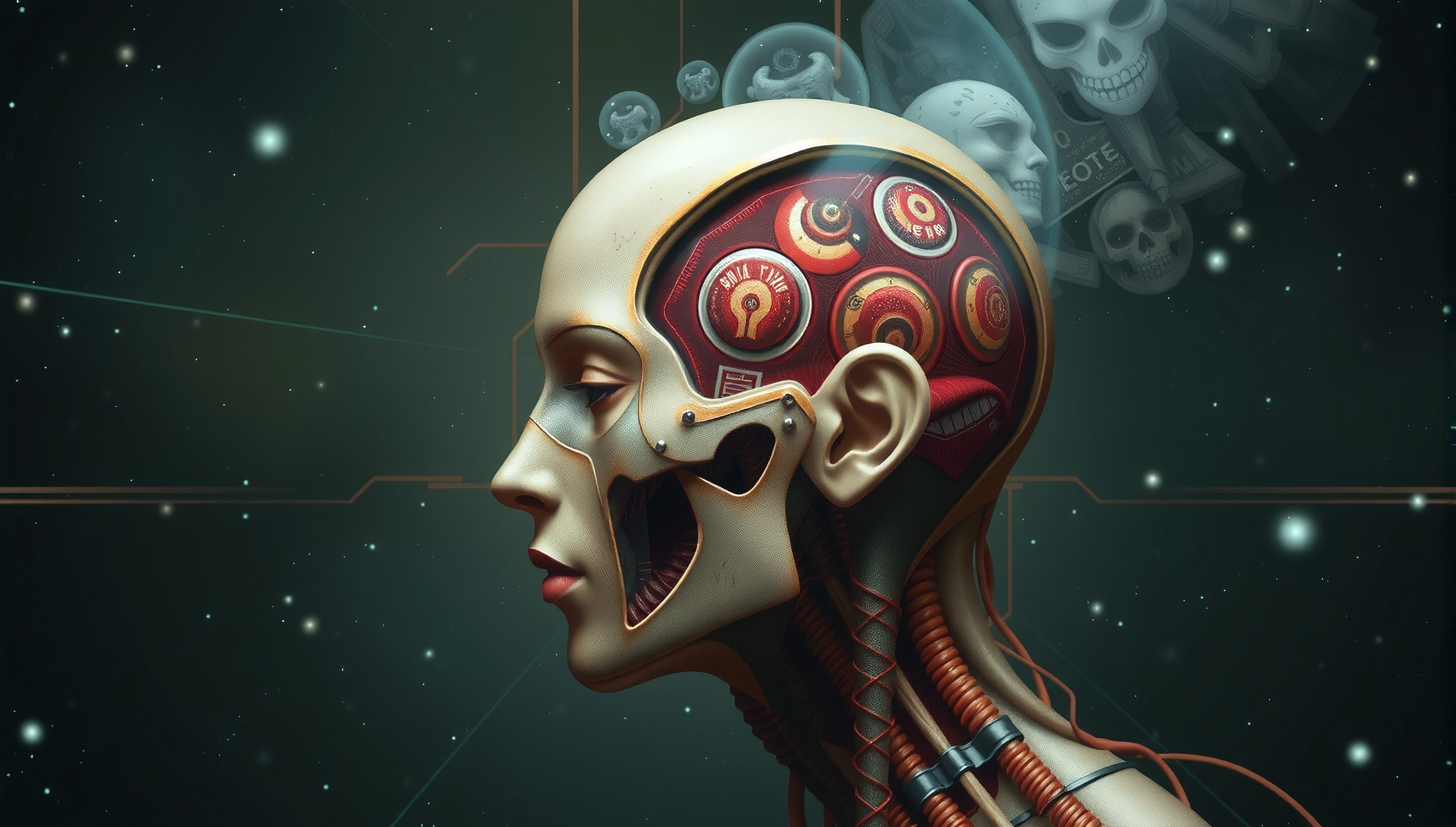 Cybernetic Humanoid Head with Mechanical Brain and Skull Element