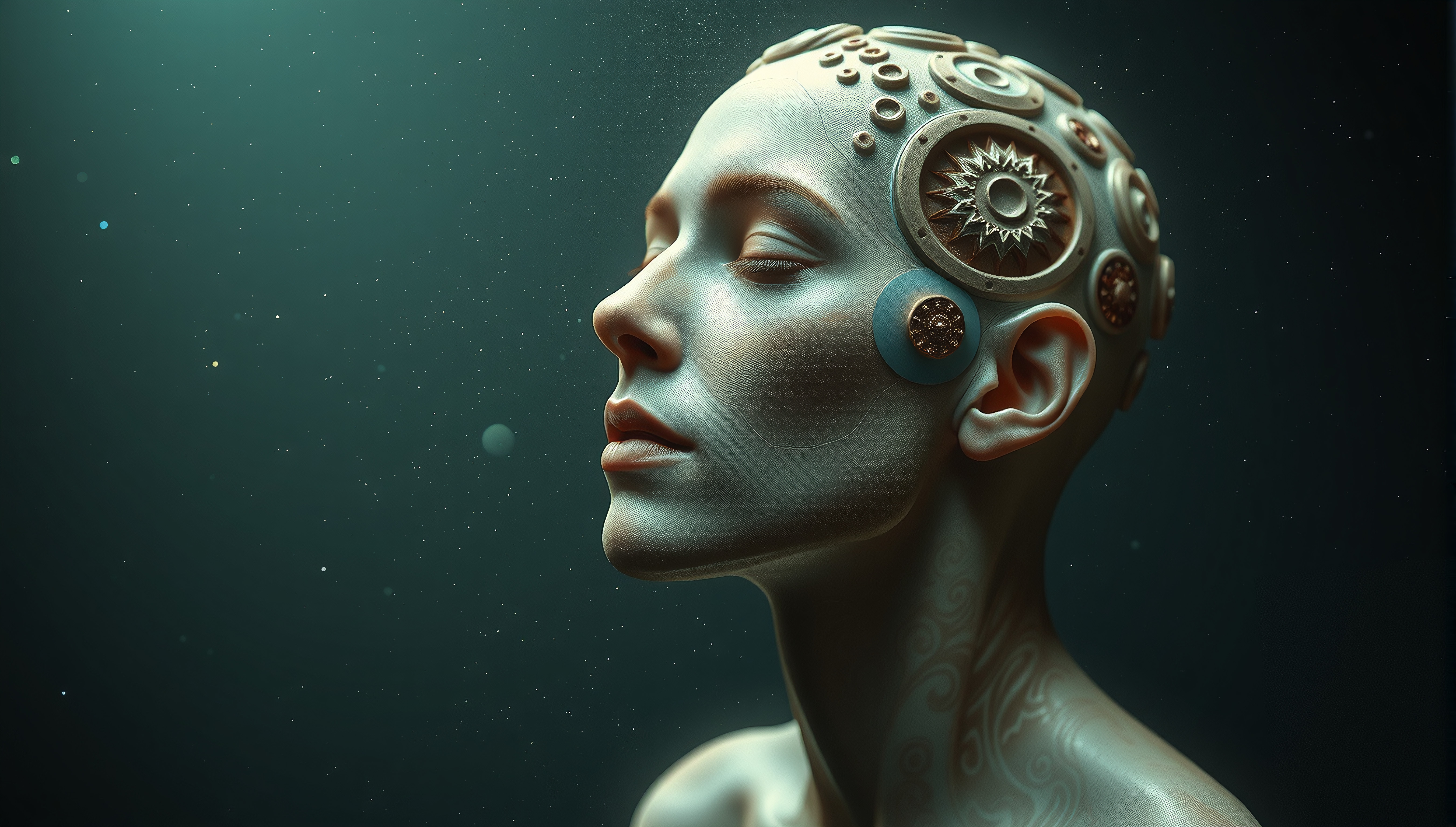 A serene humanoid figure with intricate mechanical features against a starry backdrop.