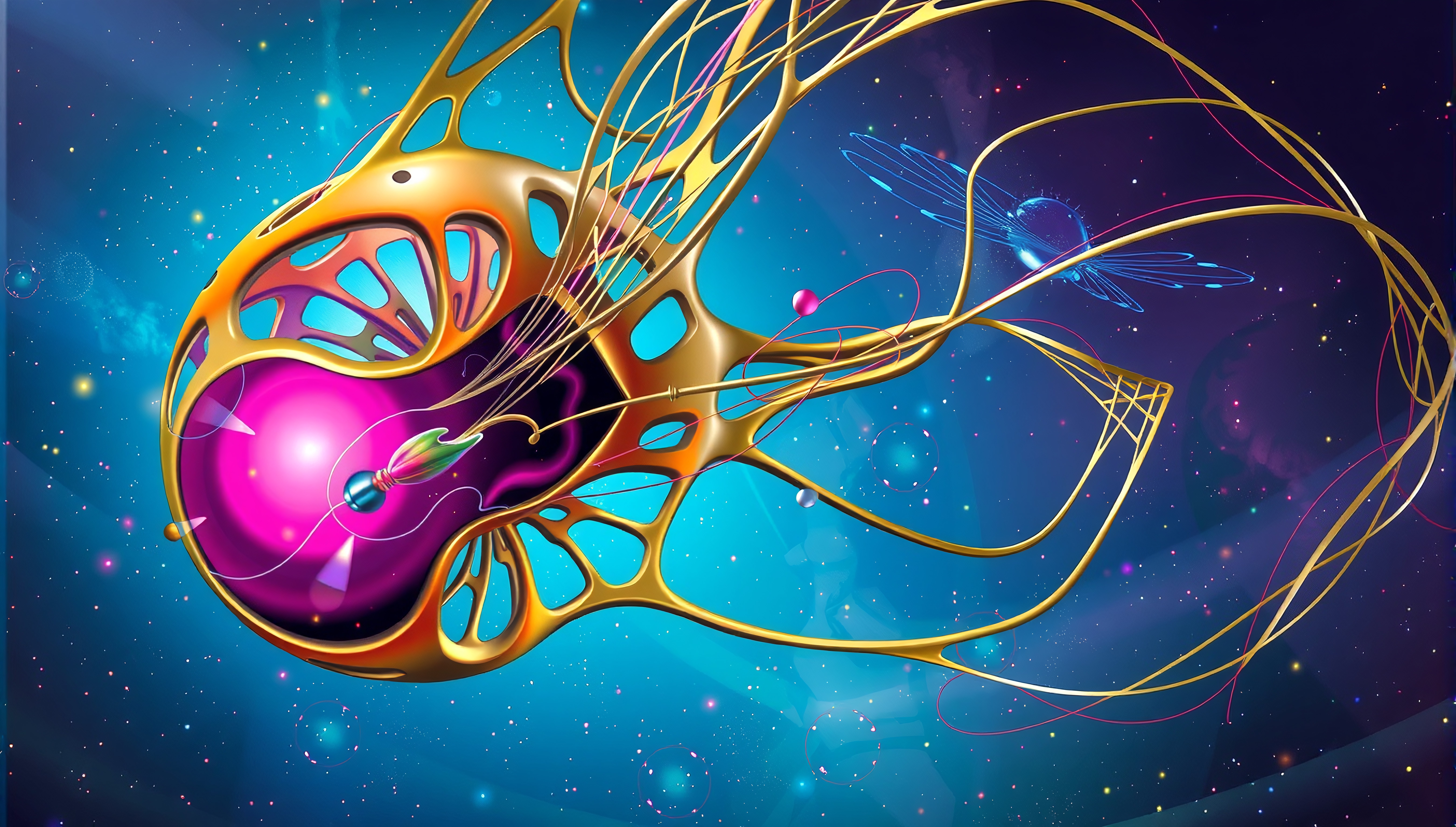 Abstract digital artwork depicting a vibrant, cosmic structure with golden tendrils and a luminous pink core against a starry space background.