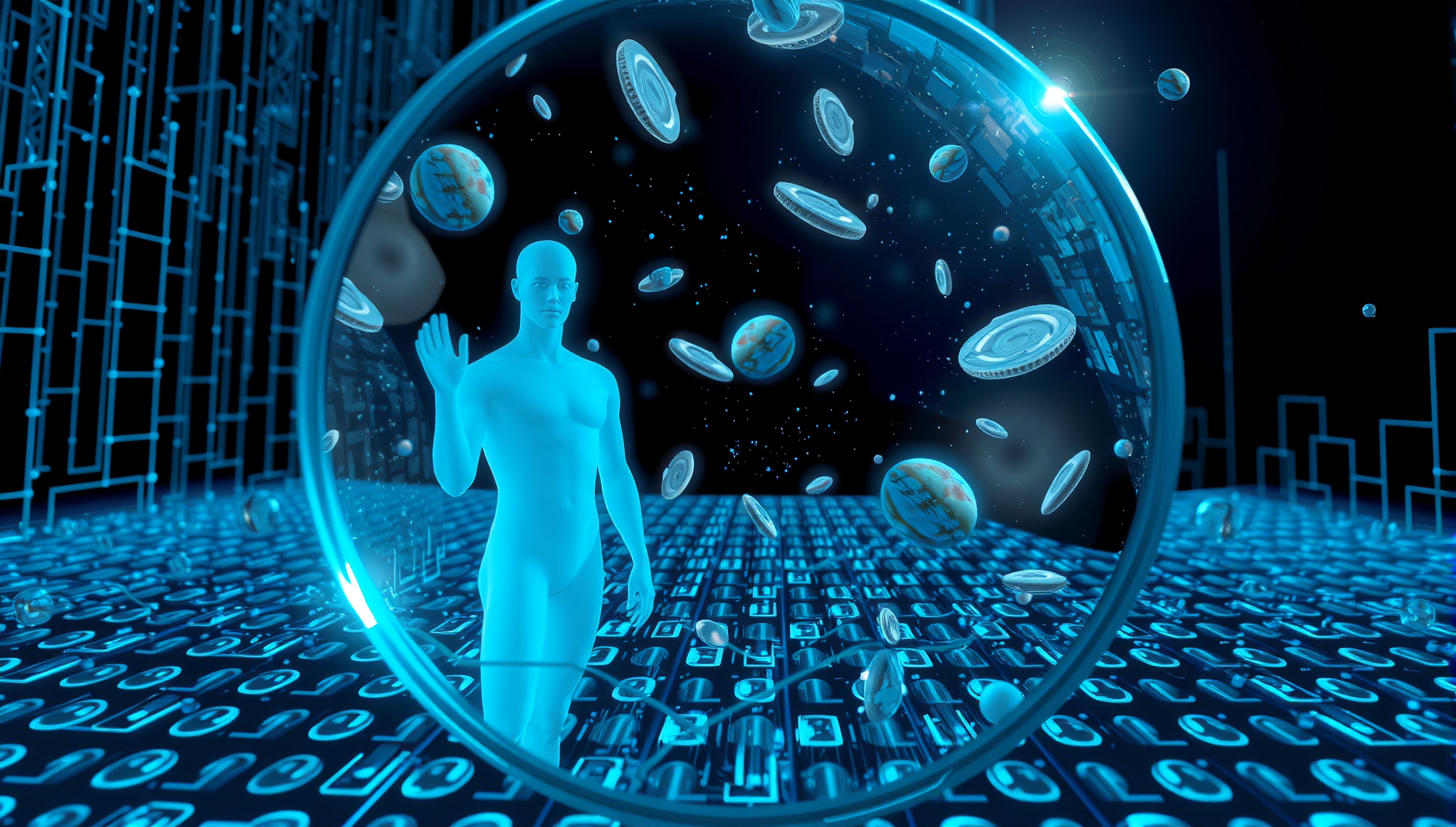 Futuristic digital humanoid surrounded by floating spheres in a binary-coded environment.
