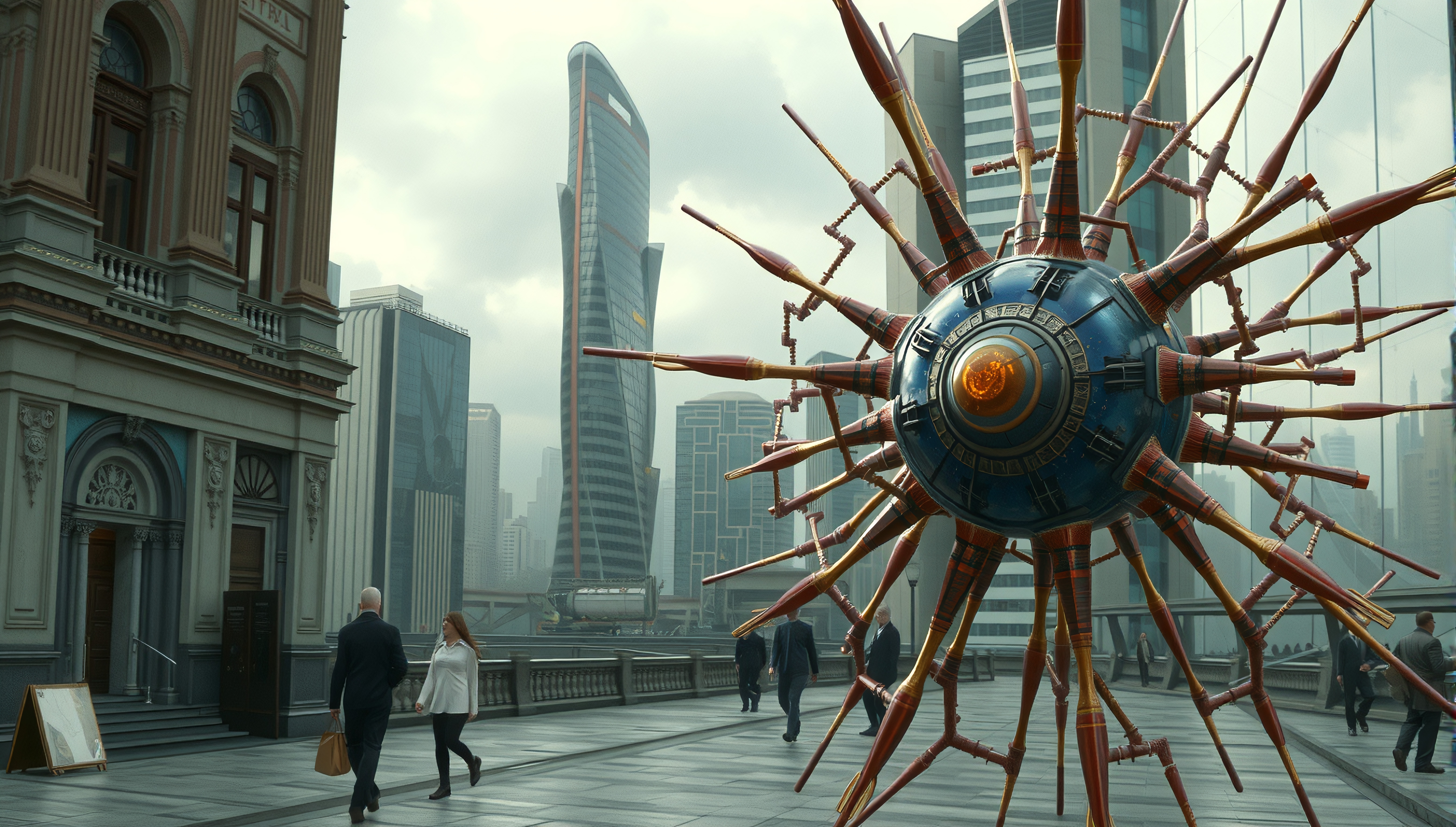 Surreal futuristic cityscape with hovering spherical structure and people.