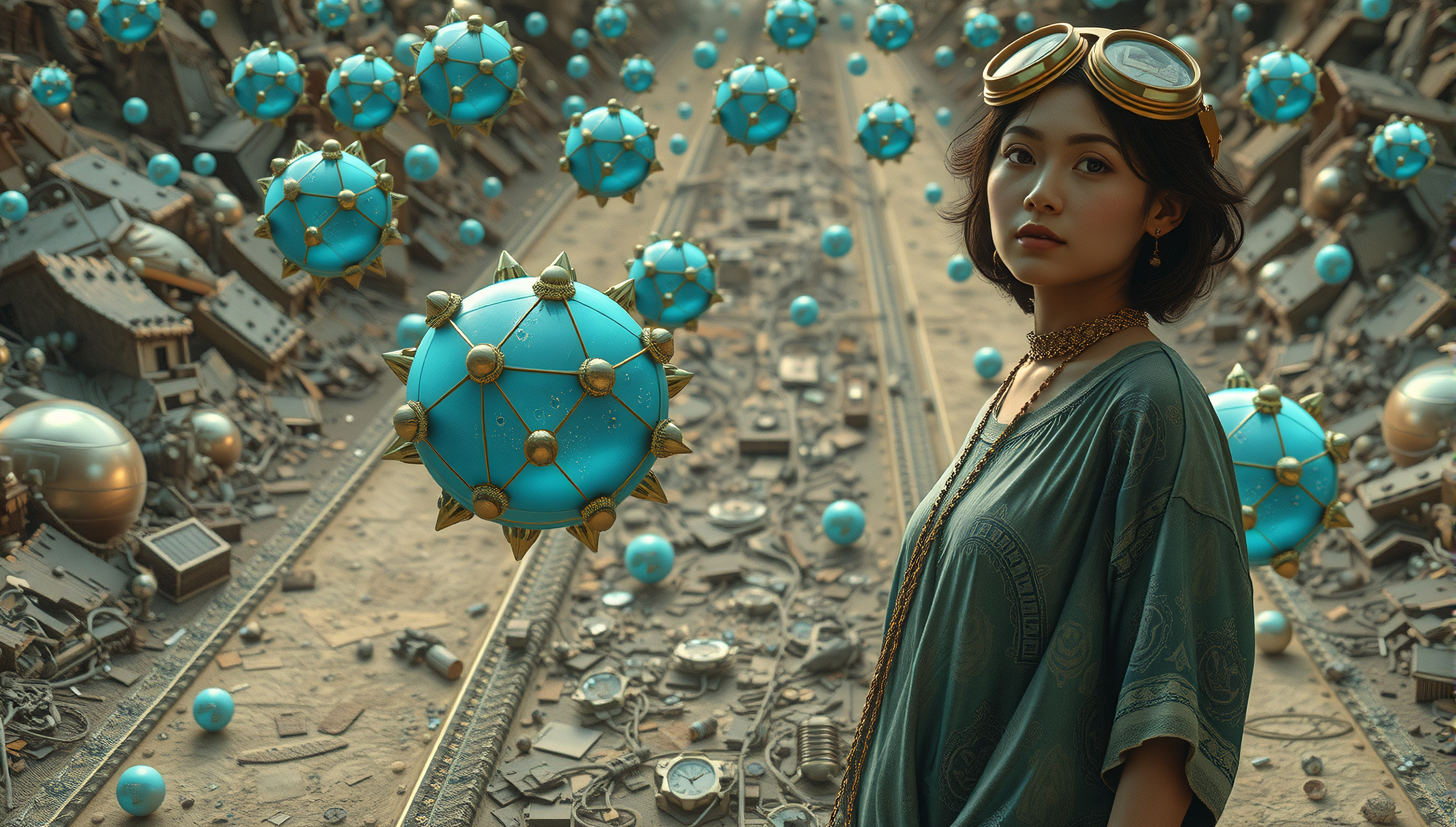 Steampunk woman in teal dress with goggles standing amidst floating blue spheres and dystopian city debris in a futuristic art illustration