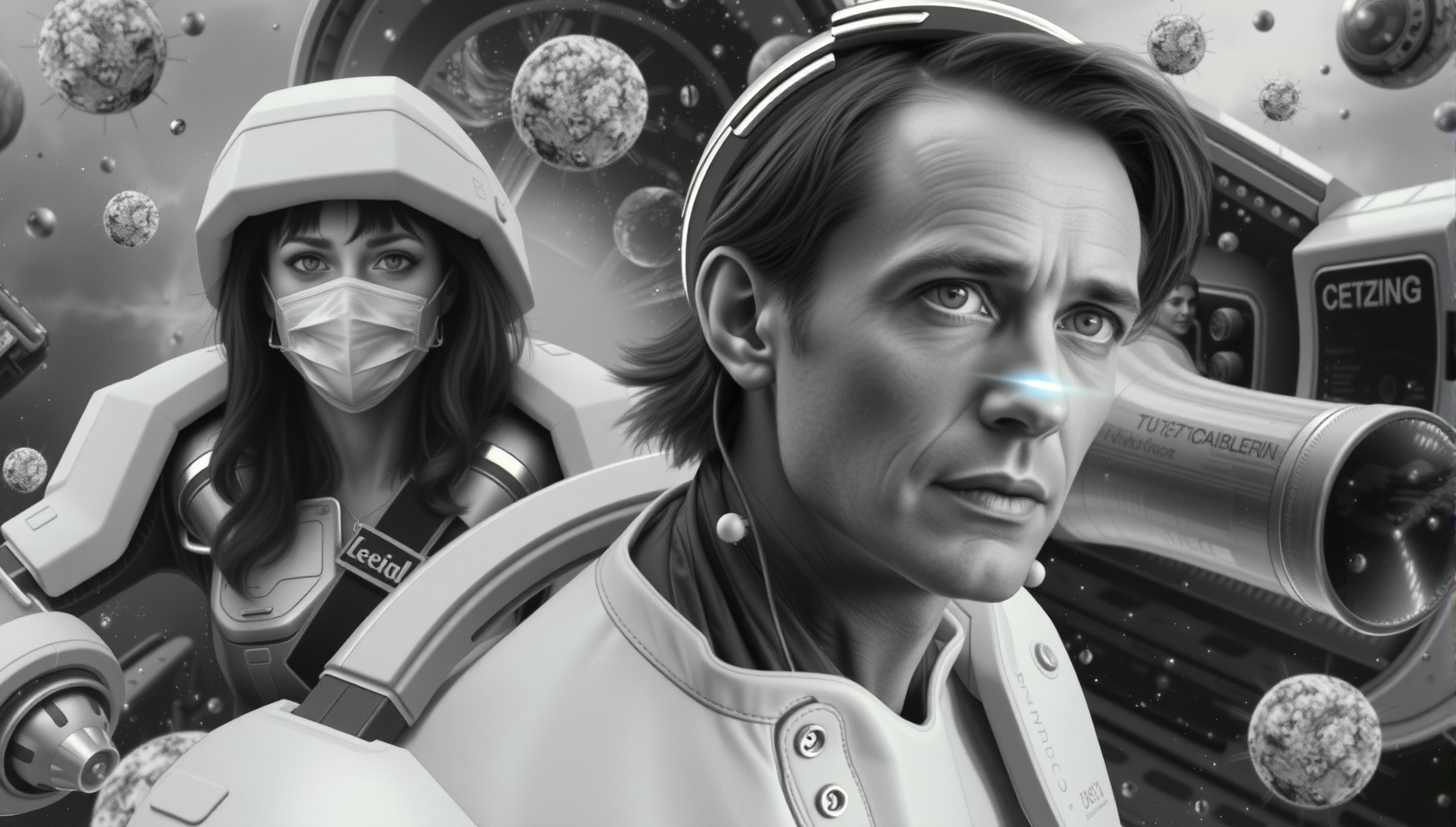 Futuristic sci-fi space explorers in monochrome digital art with glowing tech and asteroids