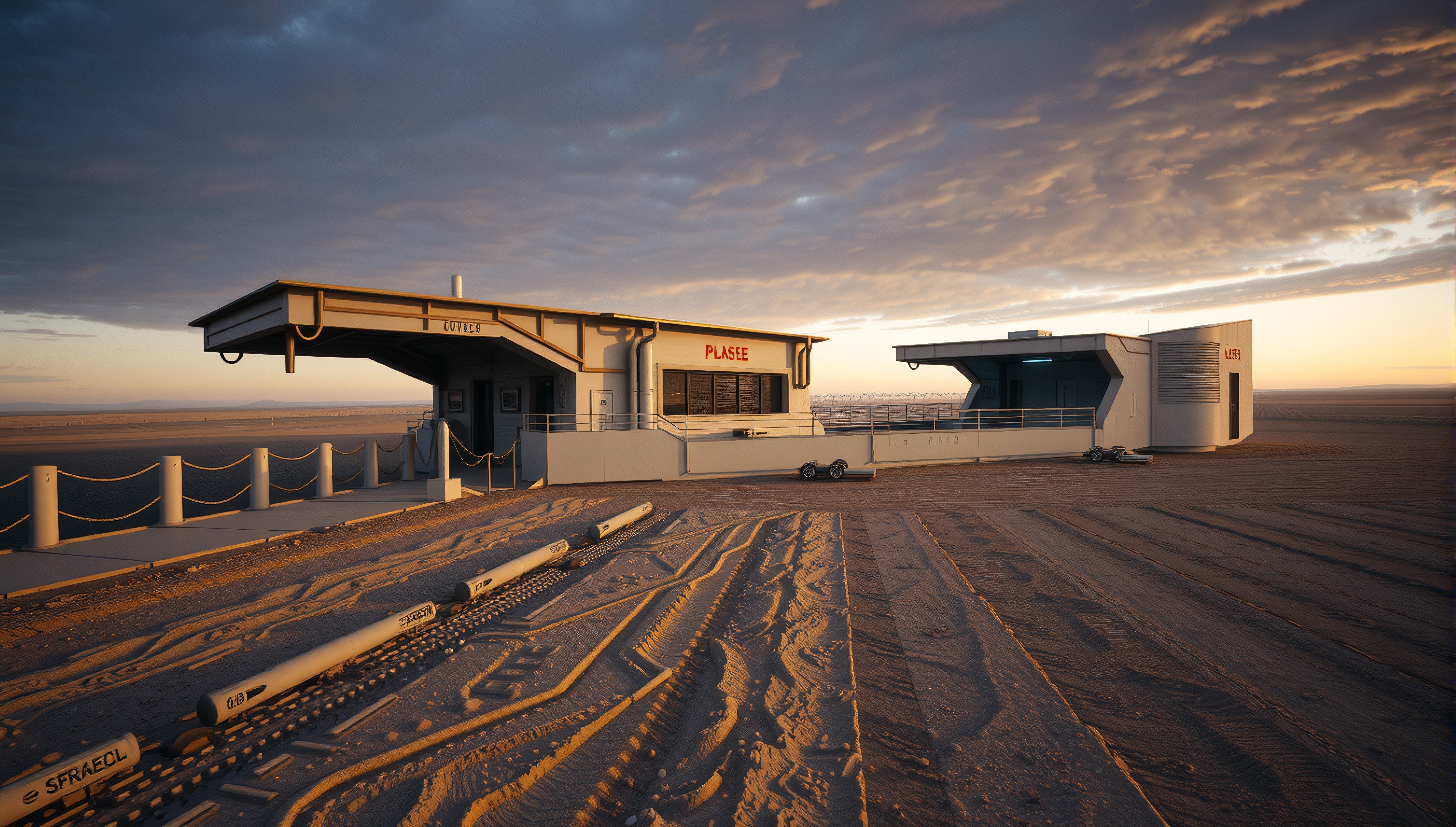 Futuristic architecture in a serene desert landscape at sunset.
