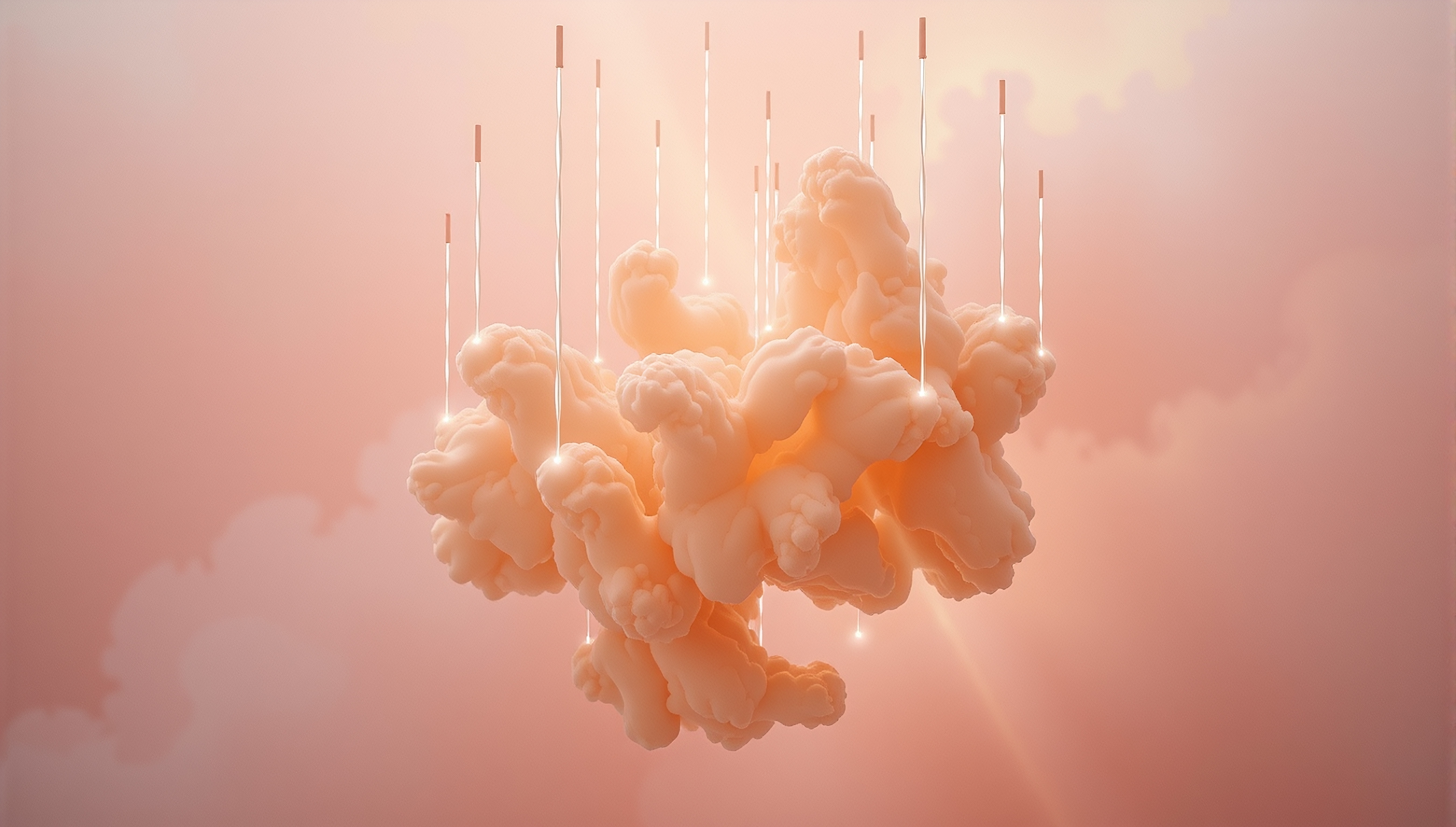 Abstract cloud installation with glowing lights suspended in a pink sky.