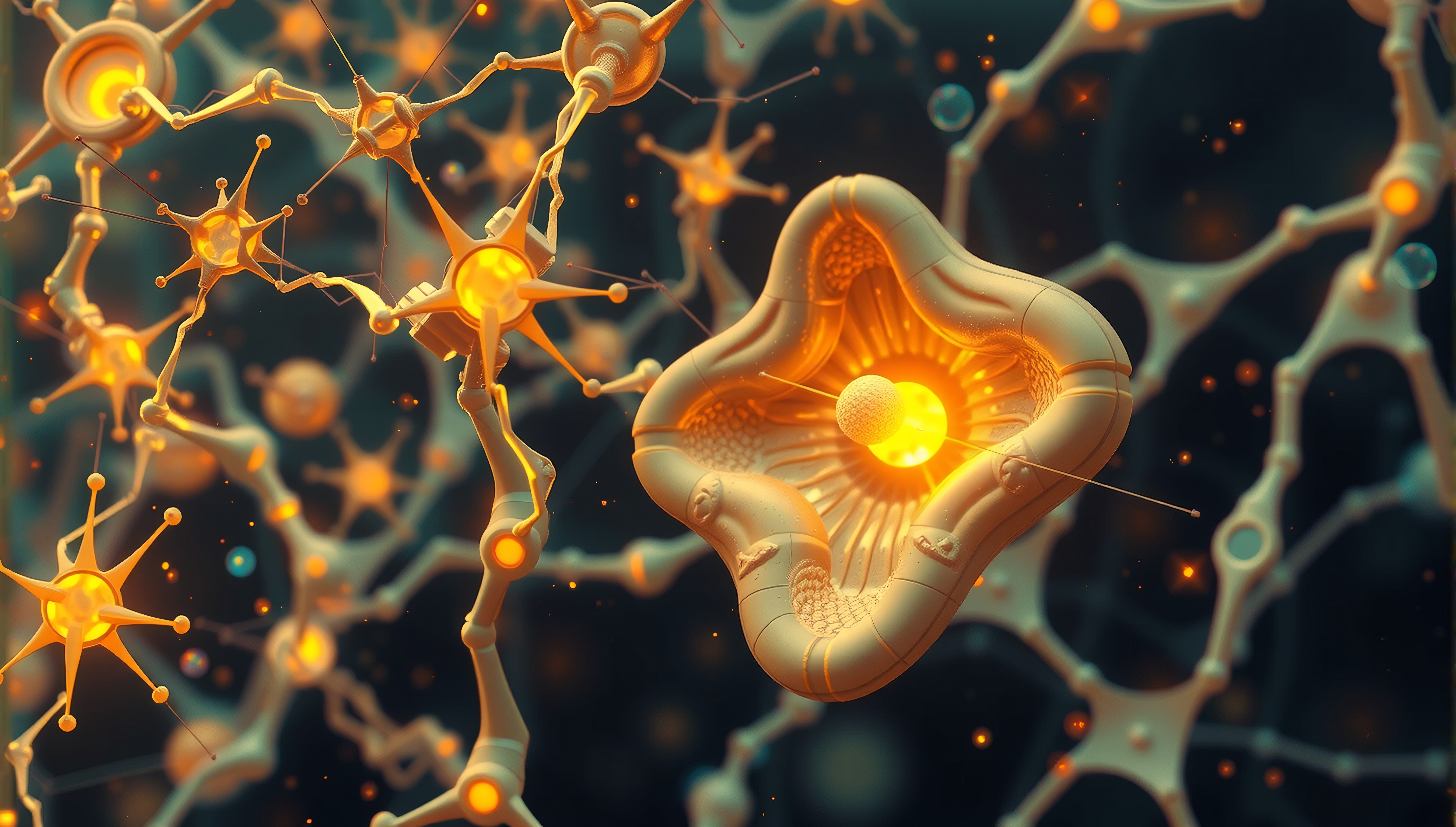 Glowing Abstract Neural Network Structure in Warm Golden Hues
