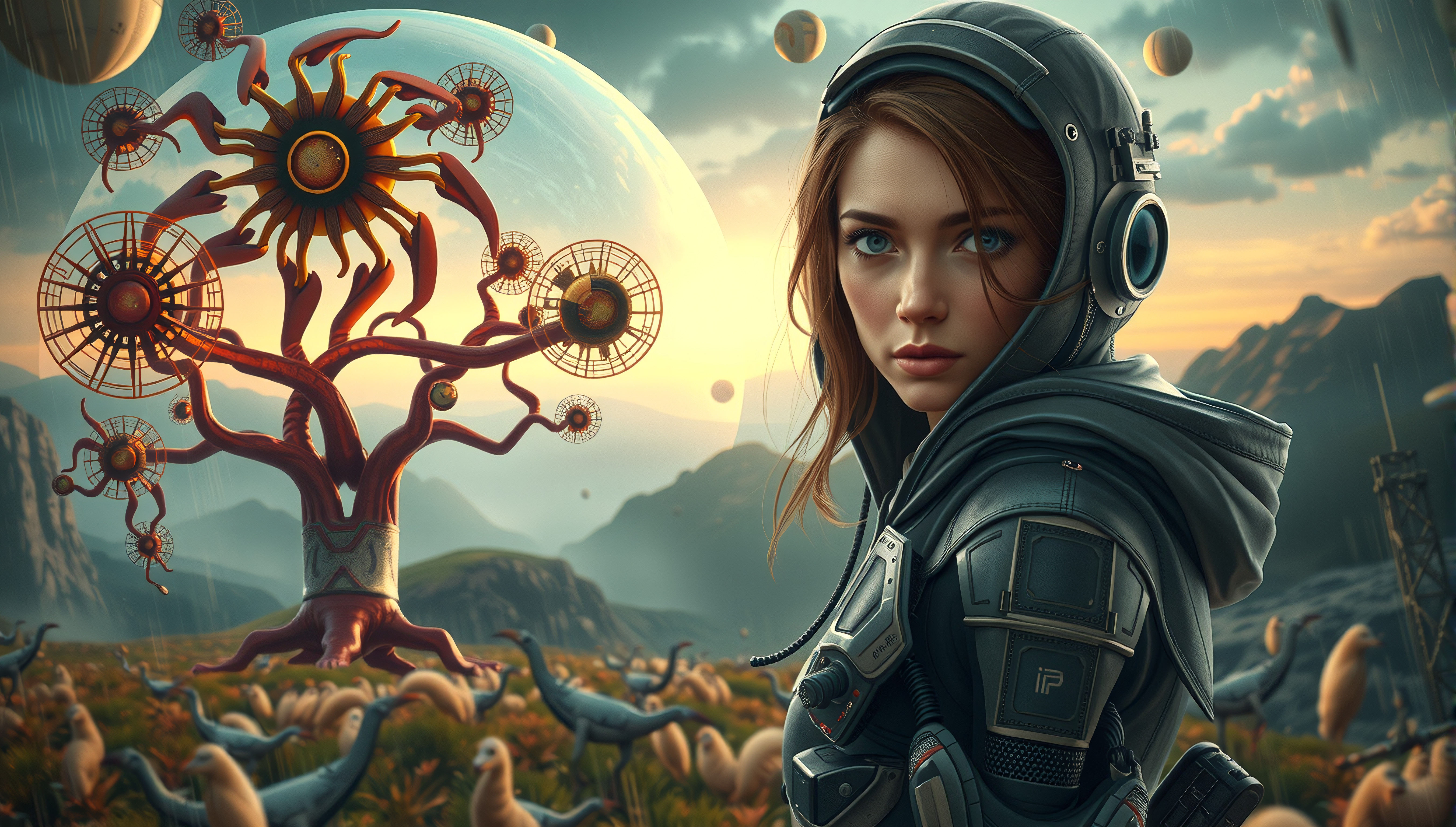 Futuristic woman in advanced armor standing beside a mechanical tree on an alien planet with floating spheres and prehistoric creatures in a sci-fi landscape.