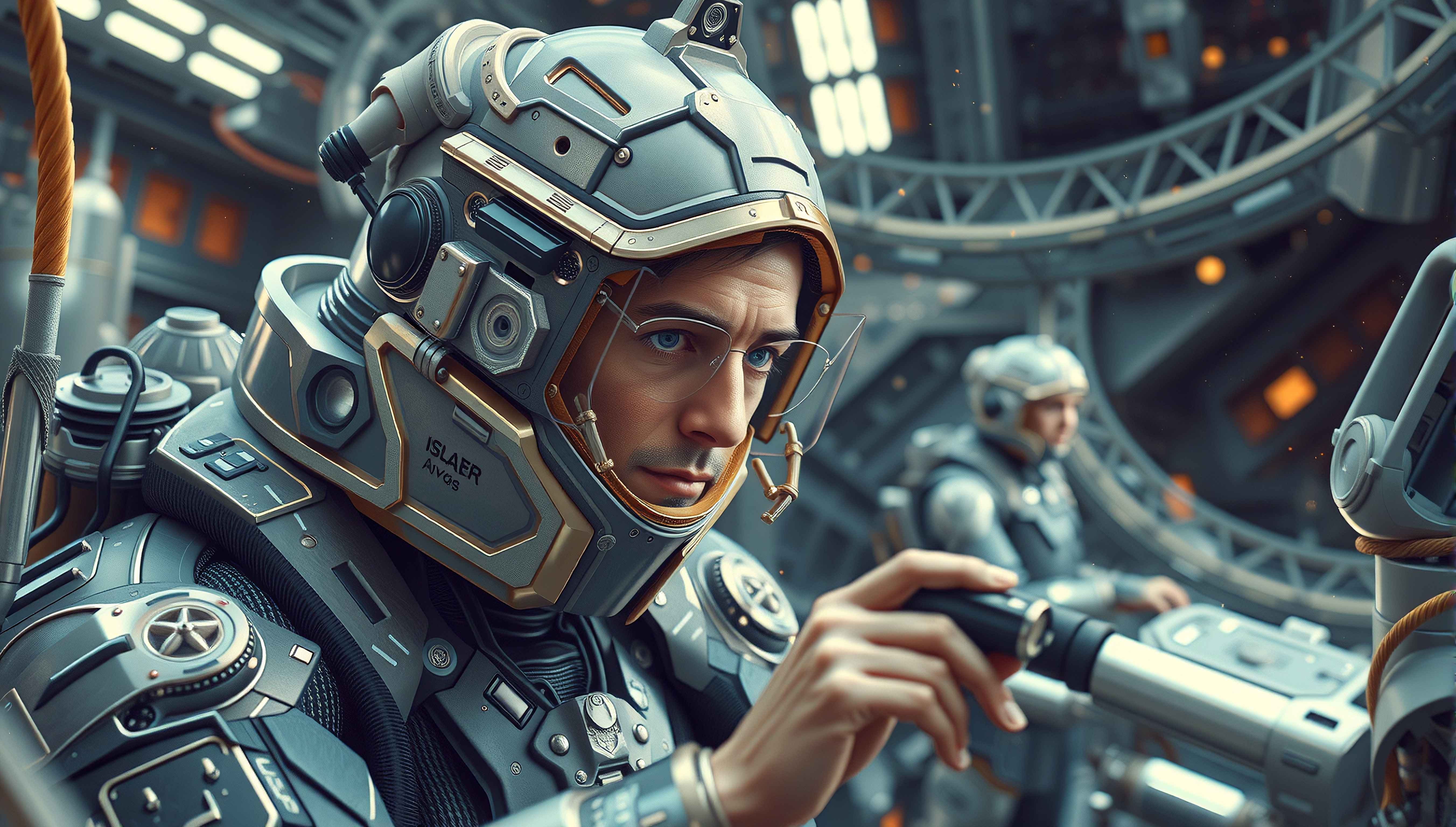 Futuristic Space Engineer in Advanced Helmet Operating Spacecraf