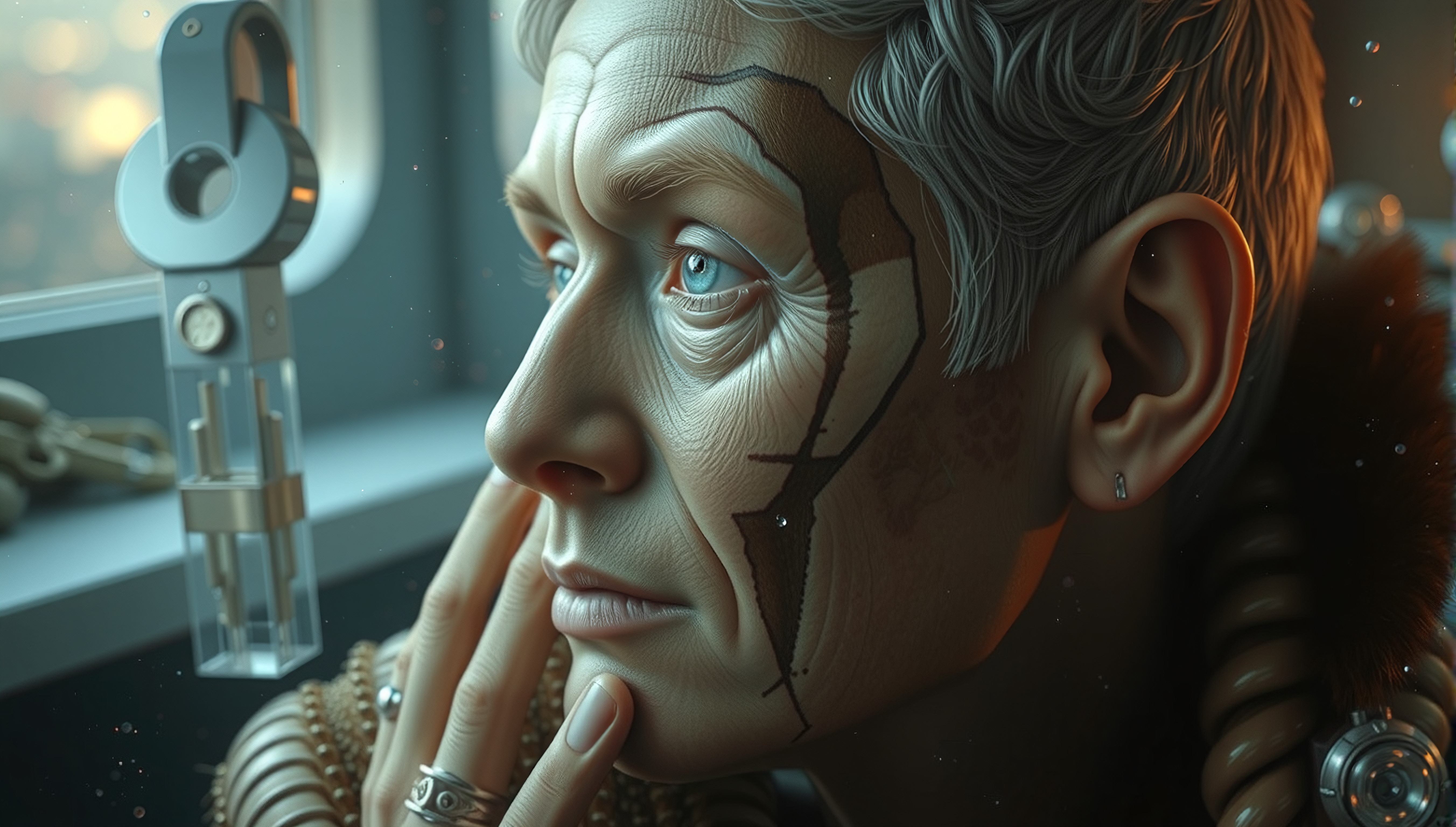 Sci - fi portrait with cracked skin and futuristic tech device