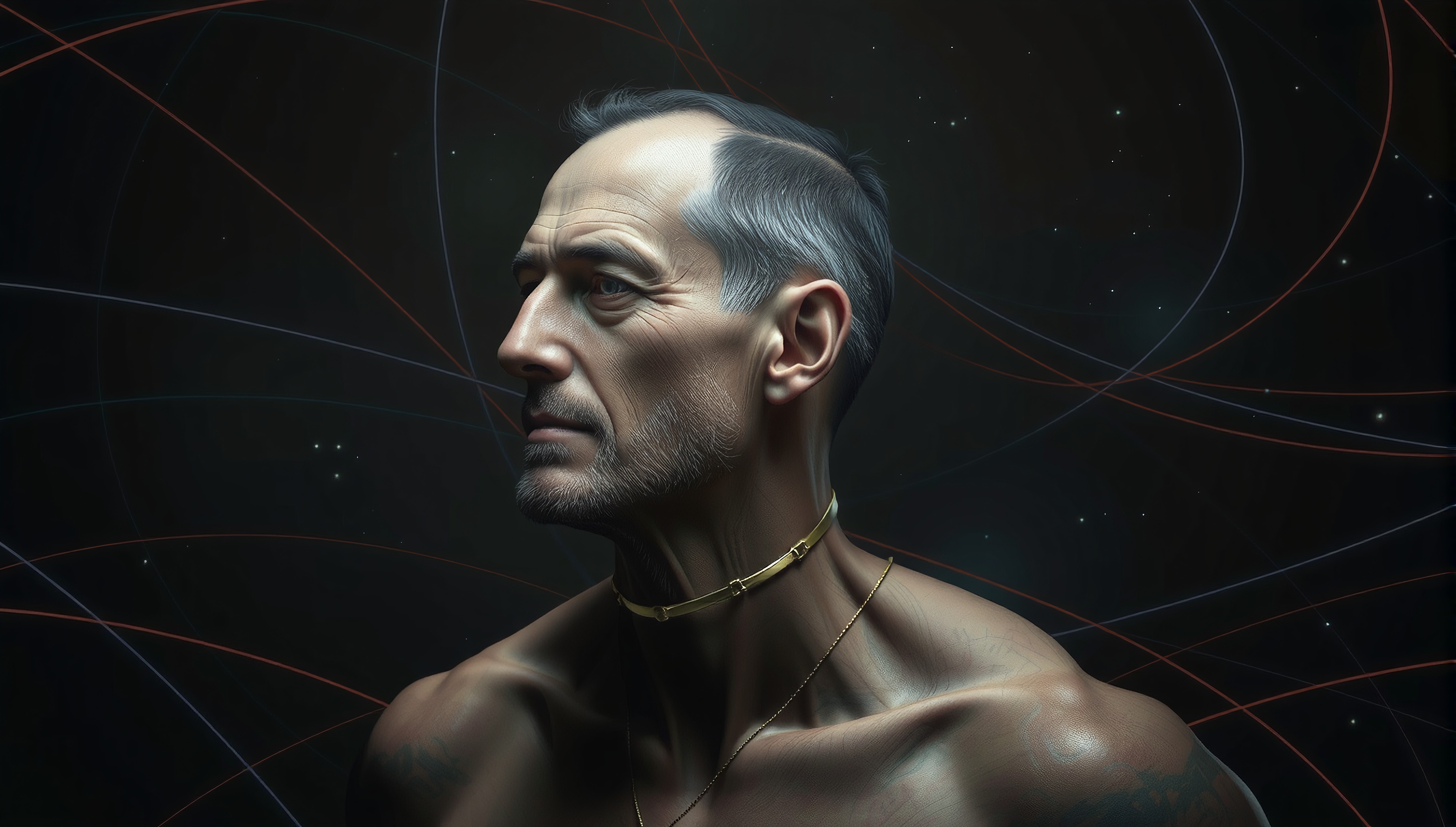 A contemplative man with cosmic background, elegant lighting, and gold accessories.