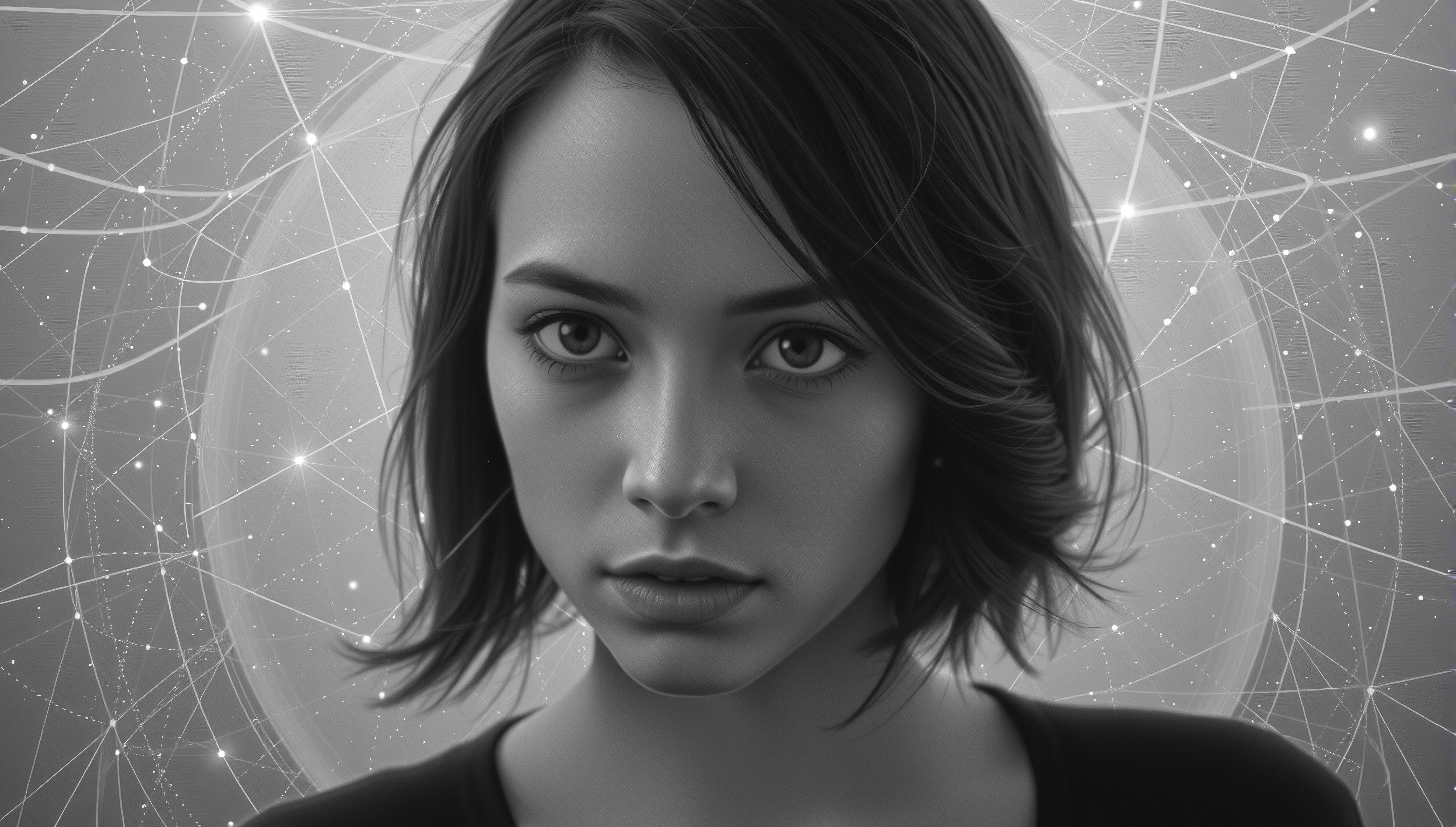 Black-and-White Portrait with Digital Network Background