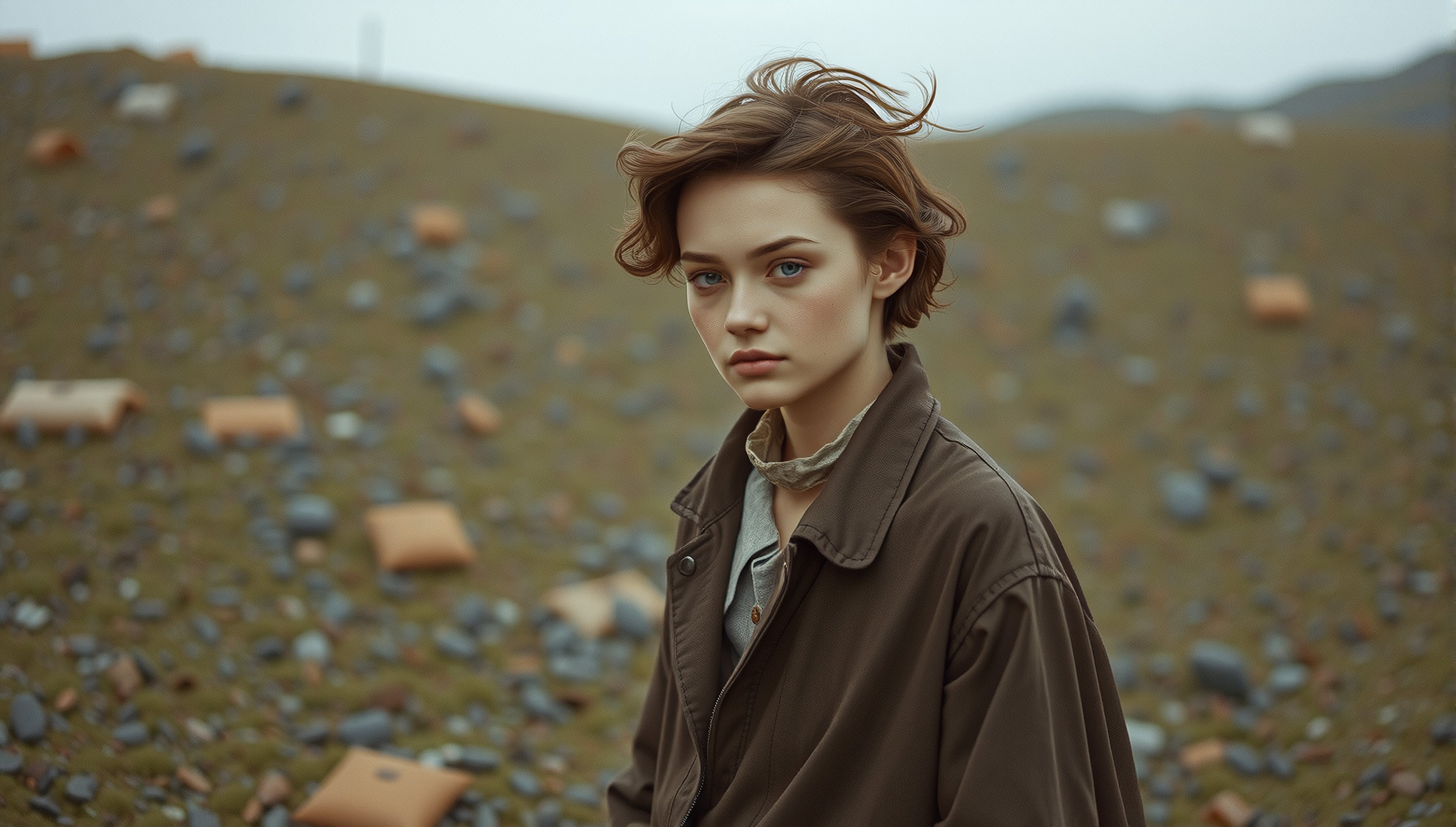 A young person stands in a desolate field wearing a brown jacket, surrounded by scattered stones and an overcast sky.