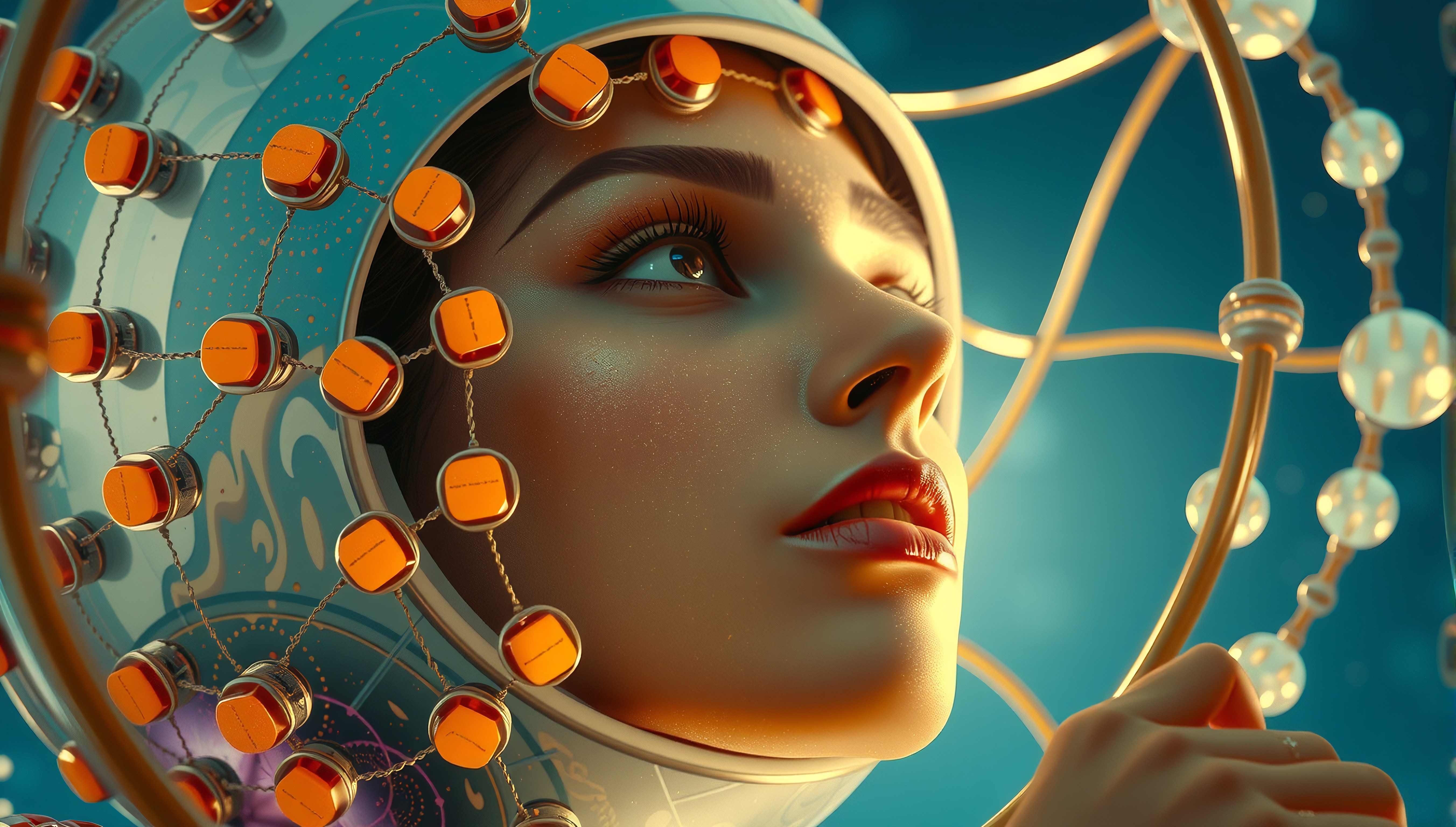 Futuristic woman with detailed headpiece and vibrant colors in sci-fi setting.