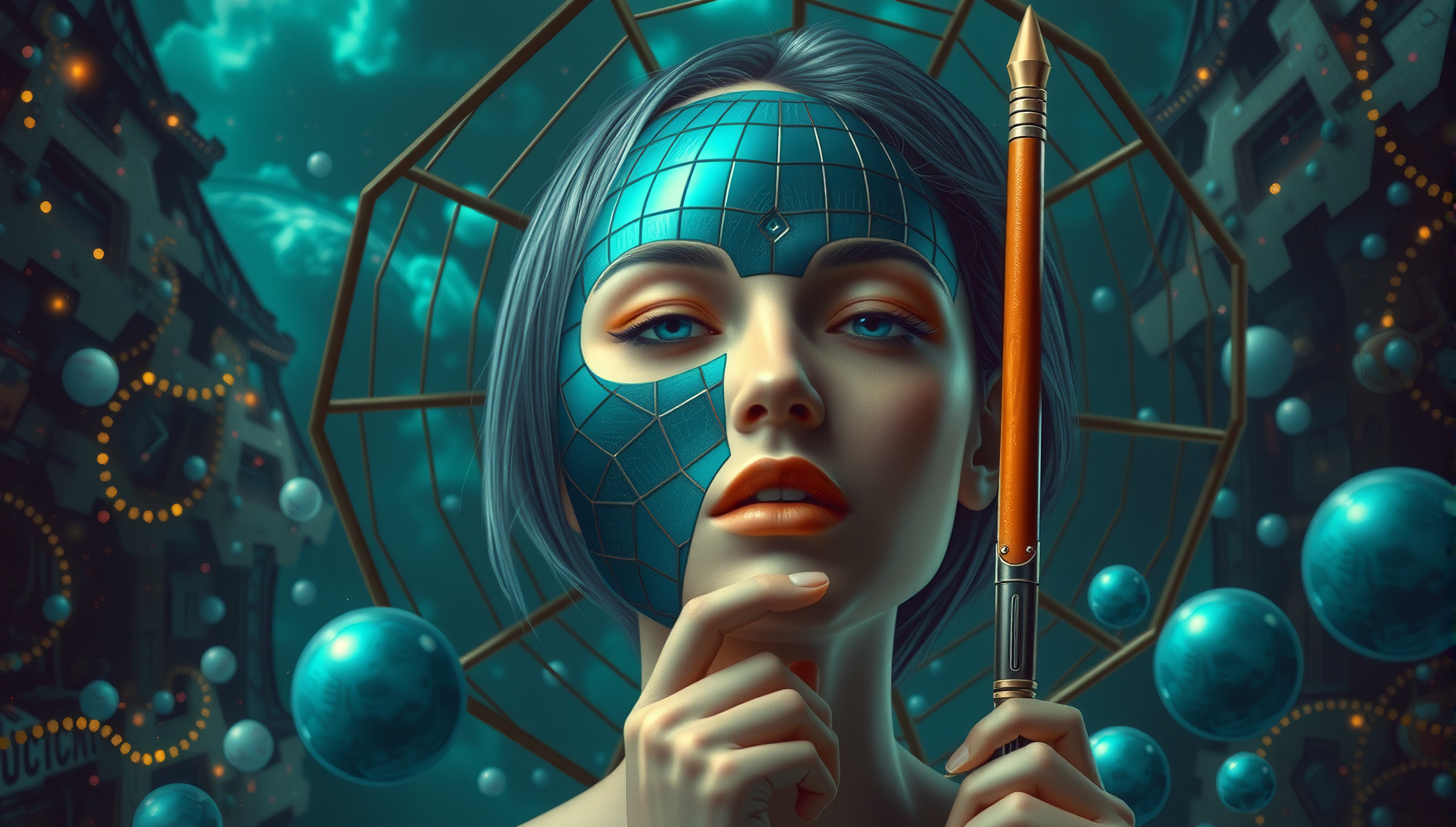 A woman with a geometric blue face mask and vibrant orange makeup, set against a surreal cityscape.